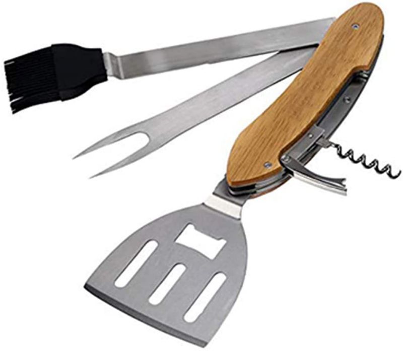 5 in 1 Multifunction BBQ Grill Tool Set, Stainless Steel Spatula, Fork, Basting Brush Cork Screw Camping Accessories for Outdoor Barbecue Camping Grill Cooking Utensils Set, Men Grilling Accessories