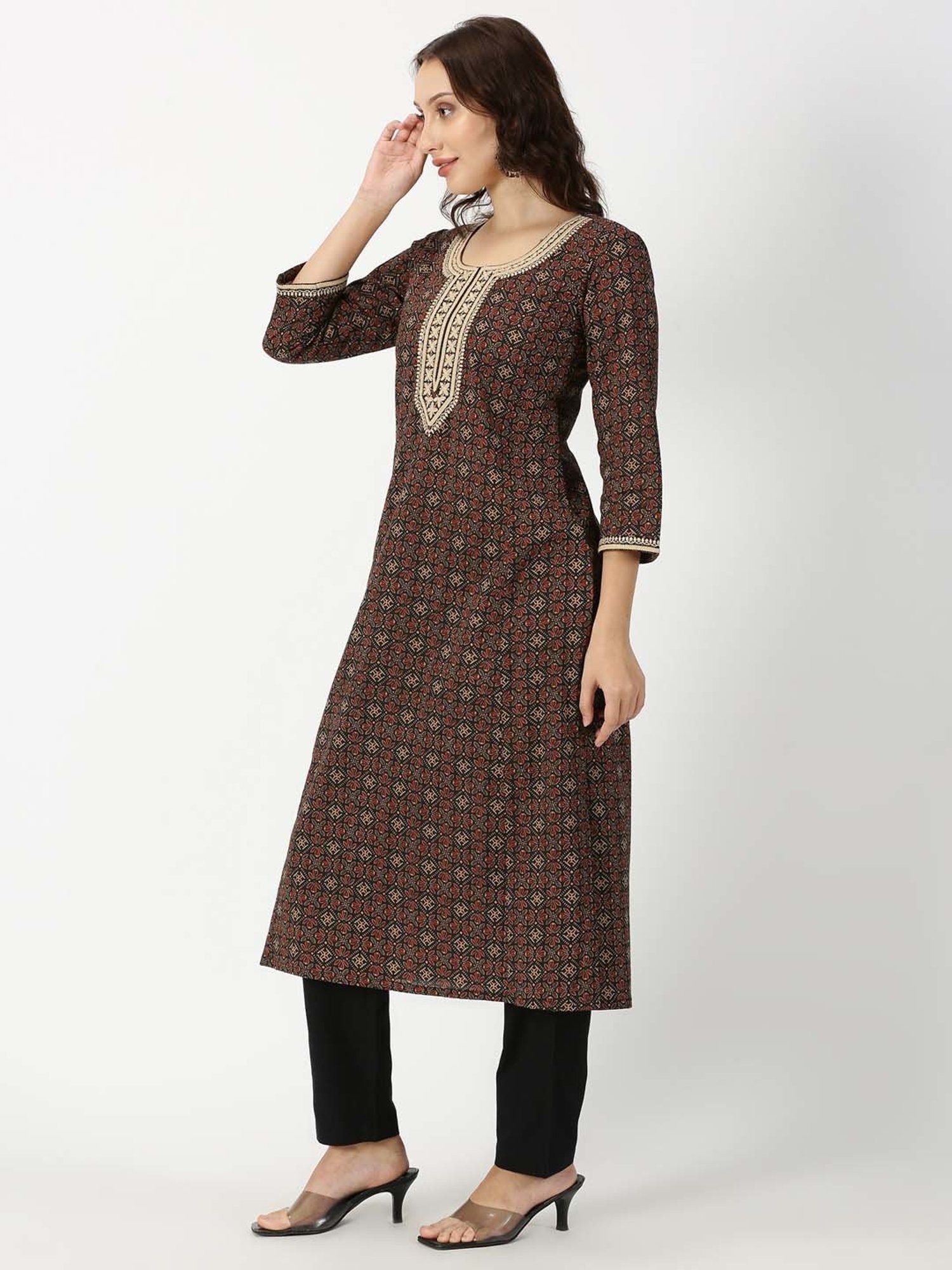 Saffron Threads Black Printed Straight Kurta