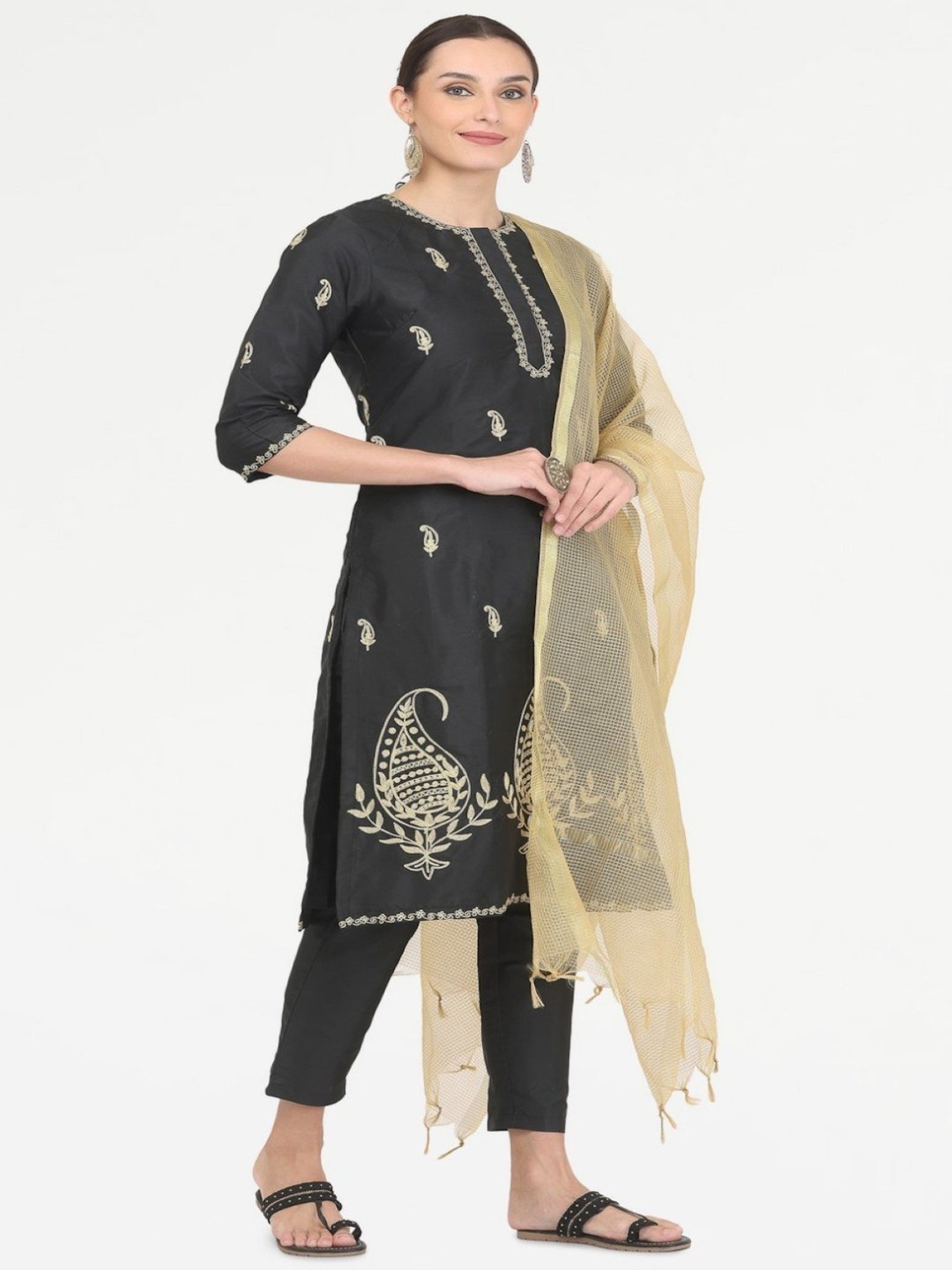 Kaanchie Nanggia Black Taffeta Embroidered Kurta Pant with Chanderi Duatta