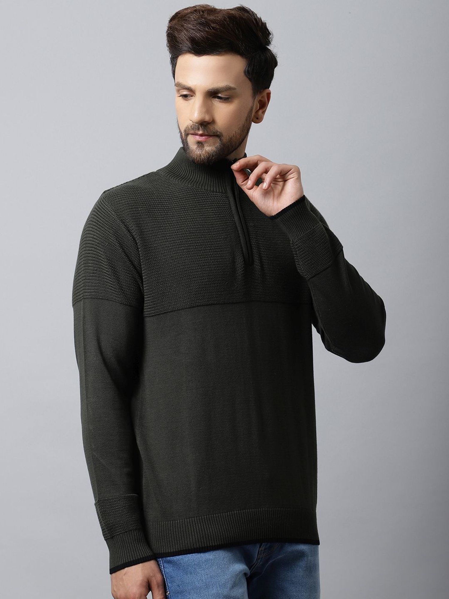Cantabil Olive Regular Fit Self Pattern Sweater
