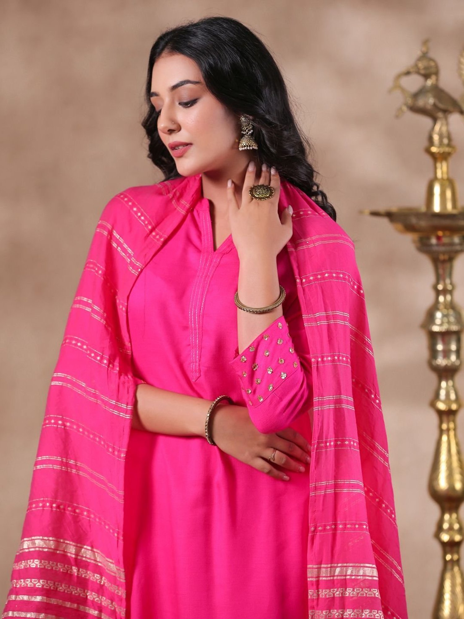 Anubhutee Pink Cotton Kurta Pant Set With Dupatta