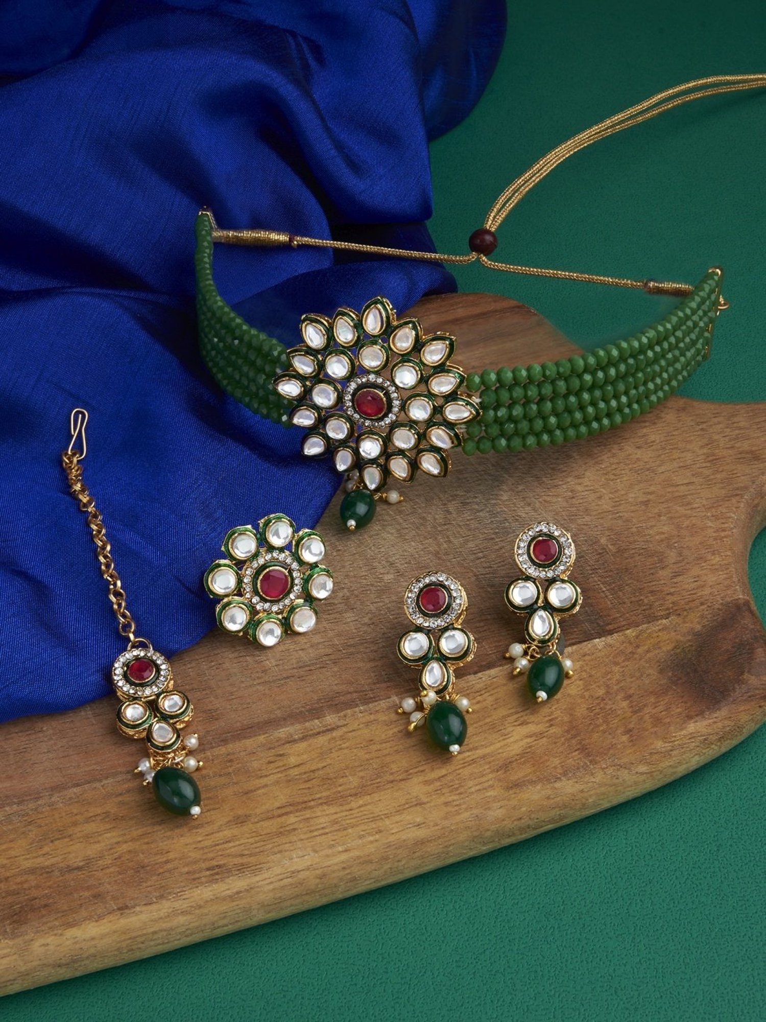 Zaveri Pearls Green Multistrand Beaded Kundan Necklace, Earring, Maangtikka & Ring Set