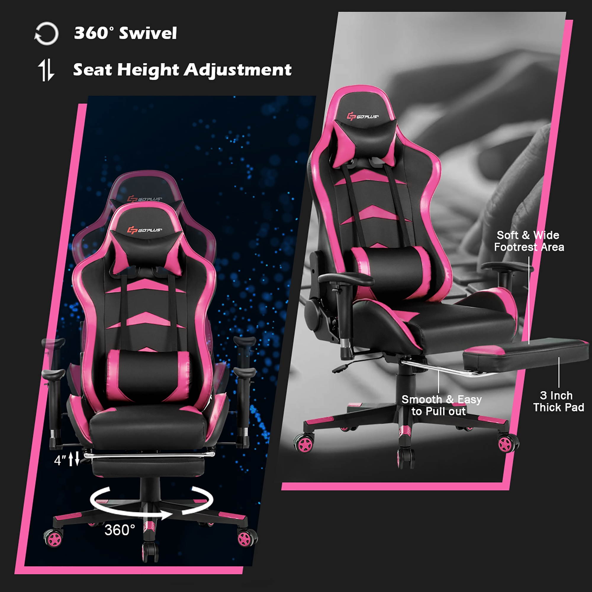 Massage Gaming Chair Reclining Racing Chair w/Lumbar Support &Footrest Pink