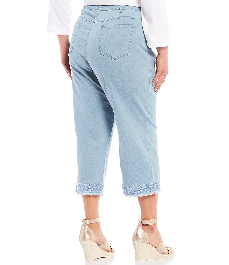 Ruby Rd. Plus Size Stretch Soft Denim Embroidered Frayed Hem Capri Jeans