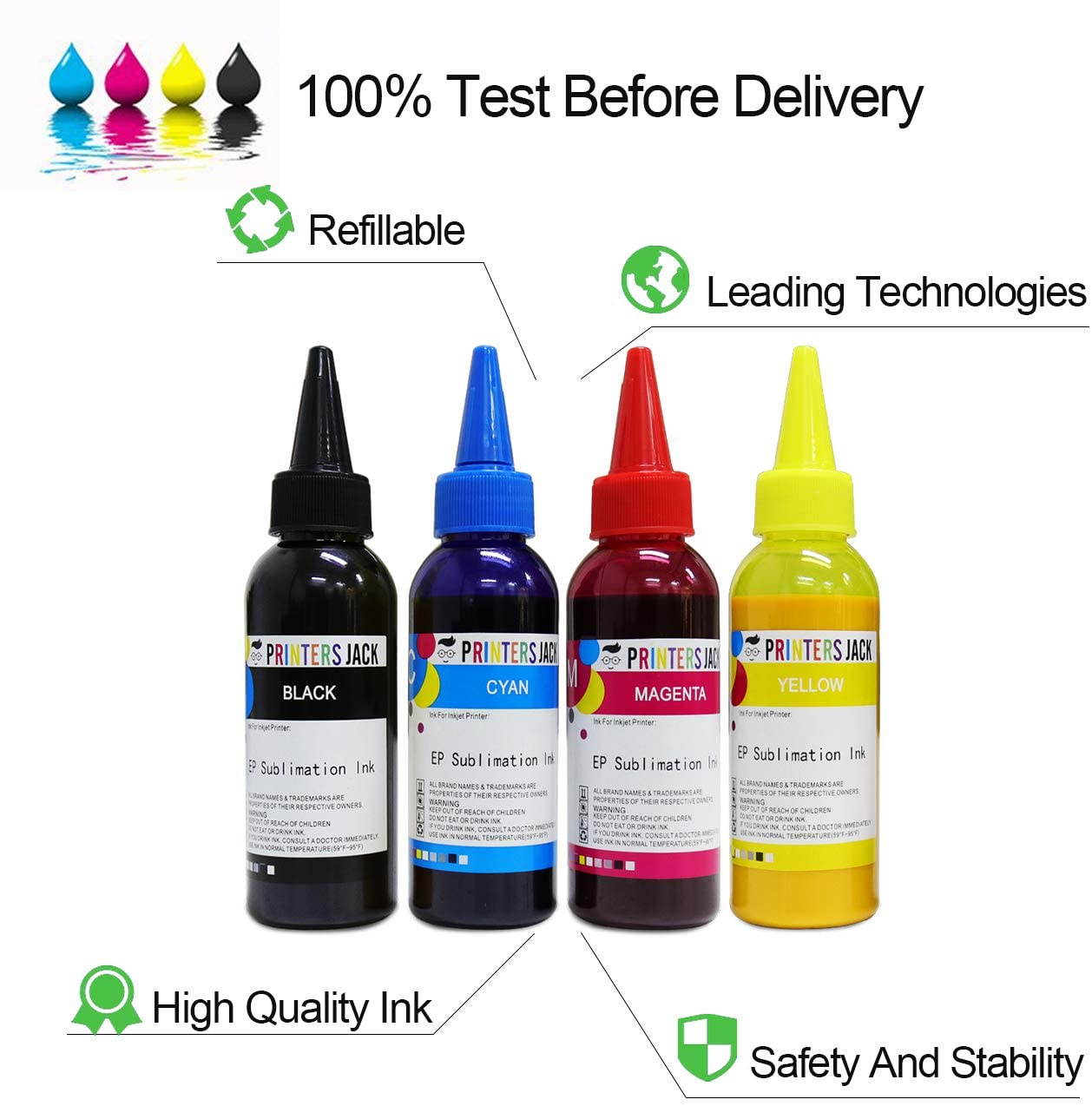 Printers Jack 400ML Sublimation Ink Refill for Epson C88 C88+ WF7710 ET2720 ET15000 WF3640 WF7110 WF7210 WF3610 Inkjet Printers Heat Press Transfer on Mugs, Plates, Polyester Shirts, Phone Cases etc