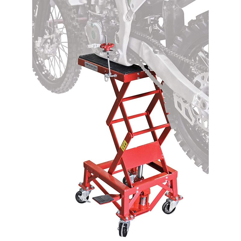 Extreme Max 5001.5083 Hydraulic Motorcycle Bike Lift Table with 300 Pound Weight Capacity and Non Marking Rubber Tabletop, Red