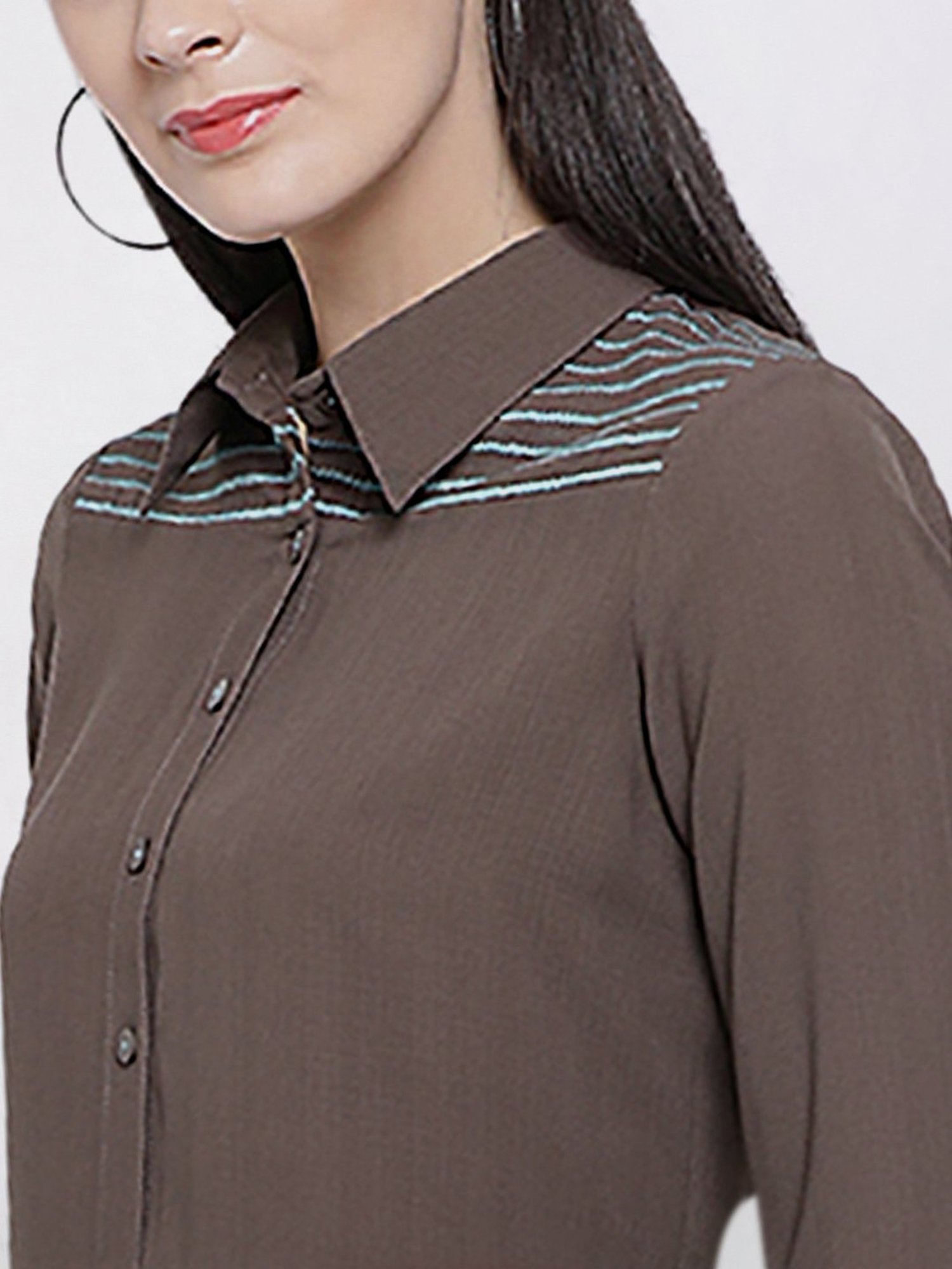 Office & You Earth Brown Long Kurti With Teel Blue Embellishment