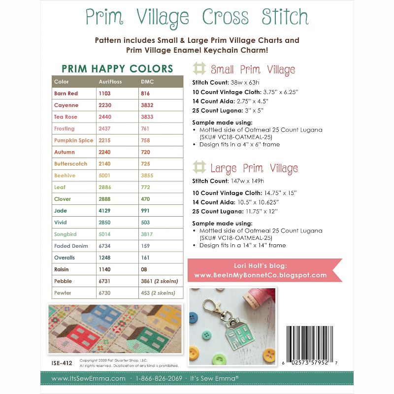 It's Sew Emma Cross Stitch Pattern -Prim Village W/ Enamel Charm