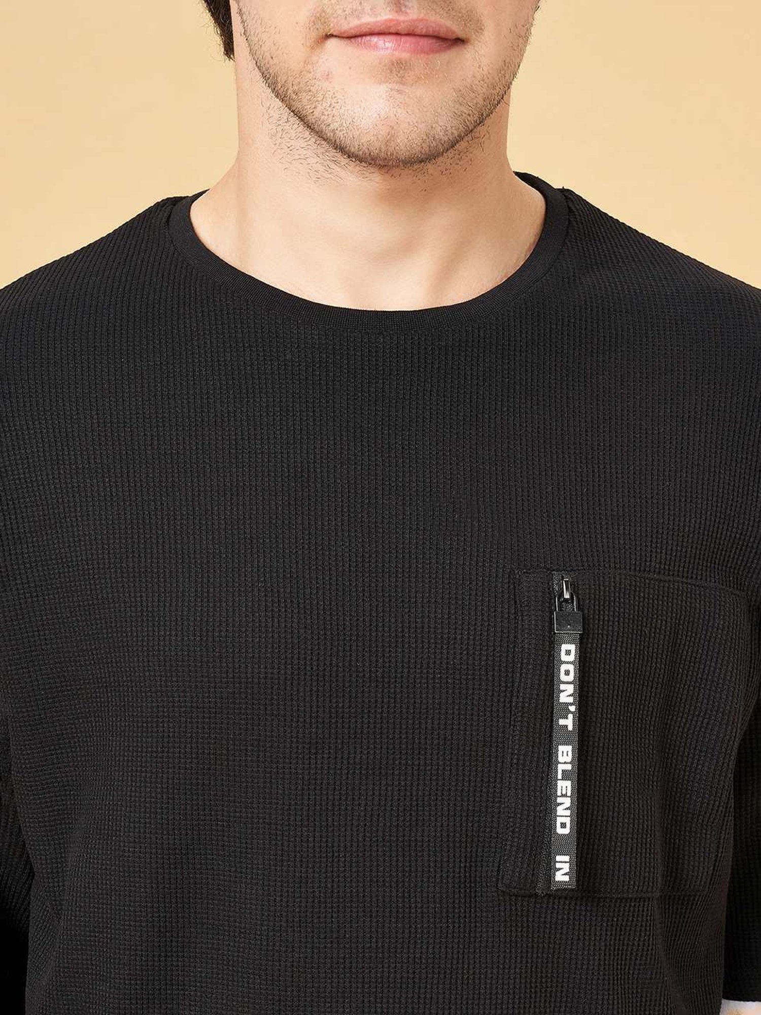 Street 808 By Pantaloons Jet Black Loose Fit Texture T-Shirt