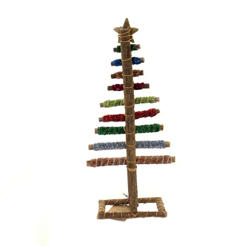 Christmas 11.5" Wrapped Log Tree Med Glittered Ribbon  -  Decorative Figurines