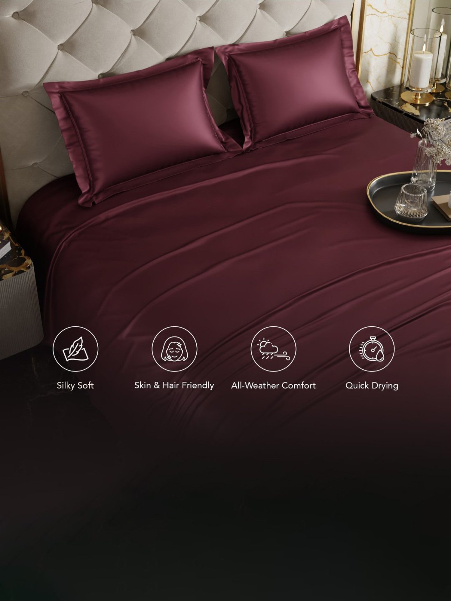 Stoa Paris Date Night Collection Velvet Wine Polyester 300 TC Double Bed Sheet With 2 Pillow Covers