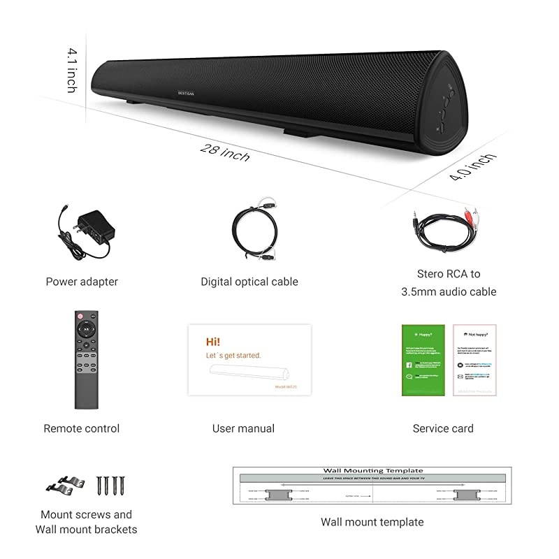 BESTISAN TV Sound Bar with Dual Bass Ports Wired and Wireless Bluetooth 50 Home Theater System 28 Inch Enhanced Bass Technology 3Inch Drivers Bass Adjustable Wall Mountable Dsp