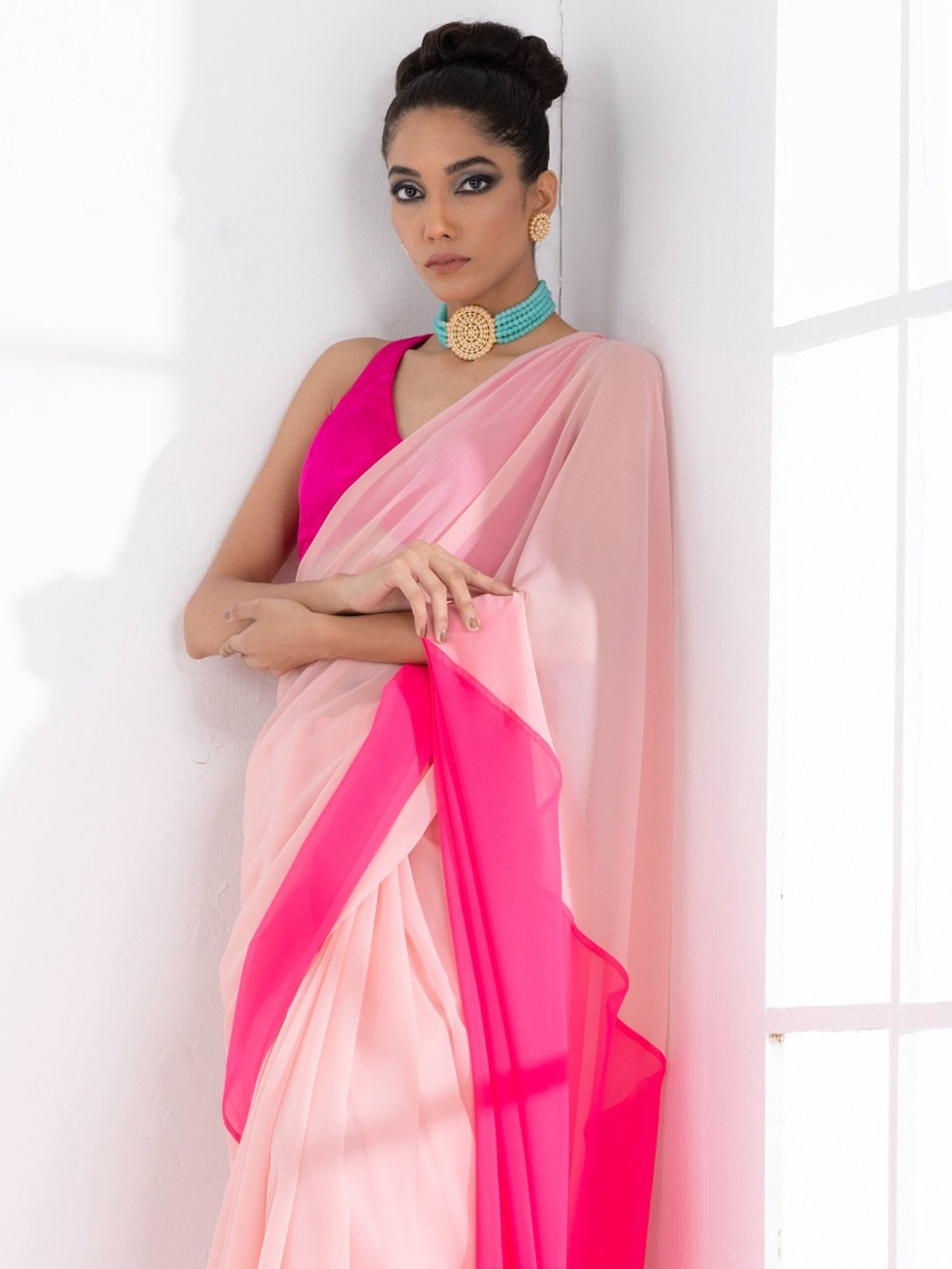 Swtantra Blush Pink Plain Saree With Unstitched Blouse