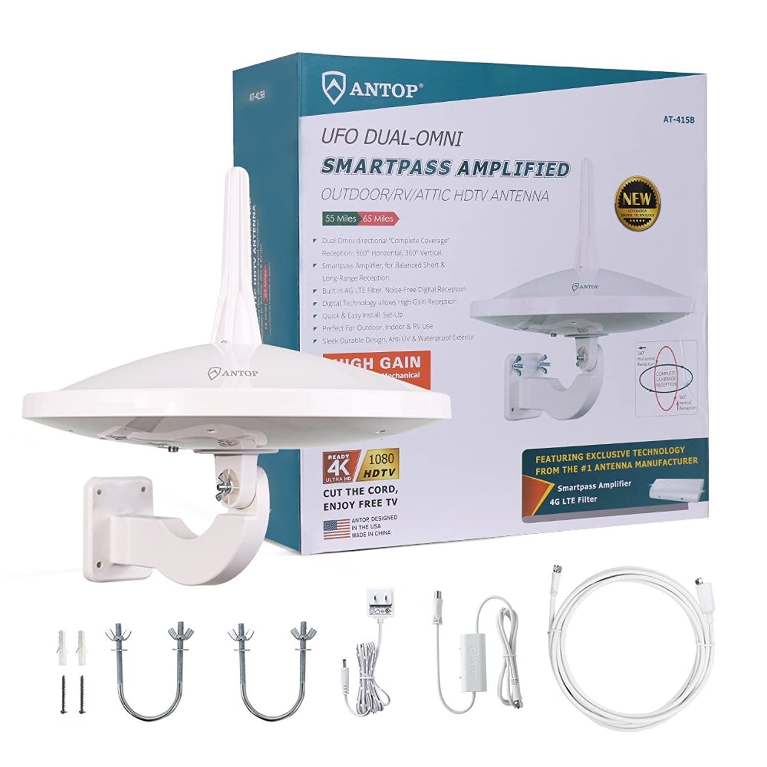 ANTOP 720&deg; HDTV Antenna, Dual Omnidirectional Outdoor TV Antenna UFO 65 Miles Reception with Smartpass Amplifier and 4G LTE Filter, Fit Indoor/Outdoor/RV/Attic