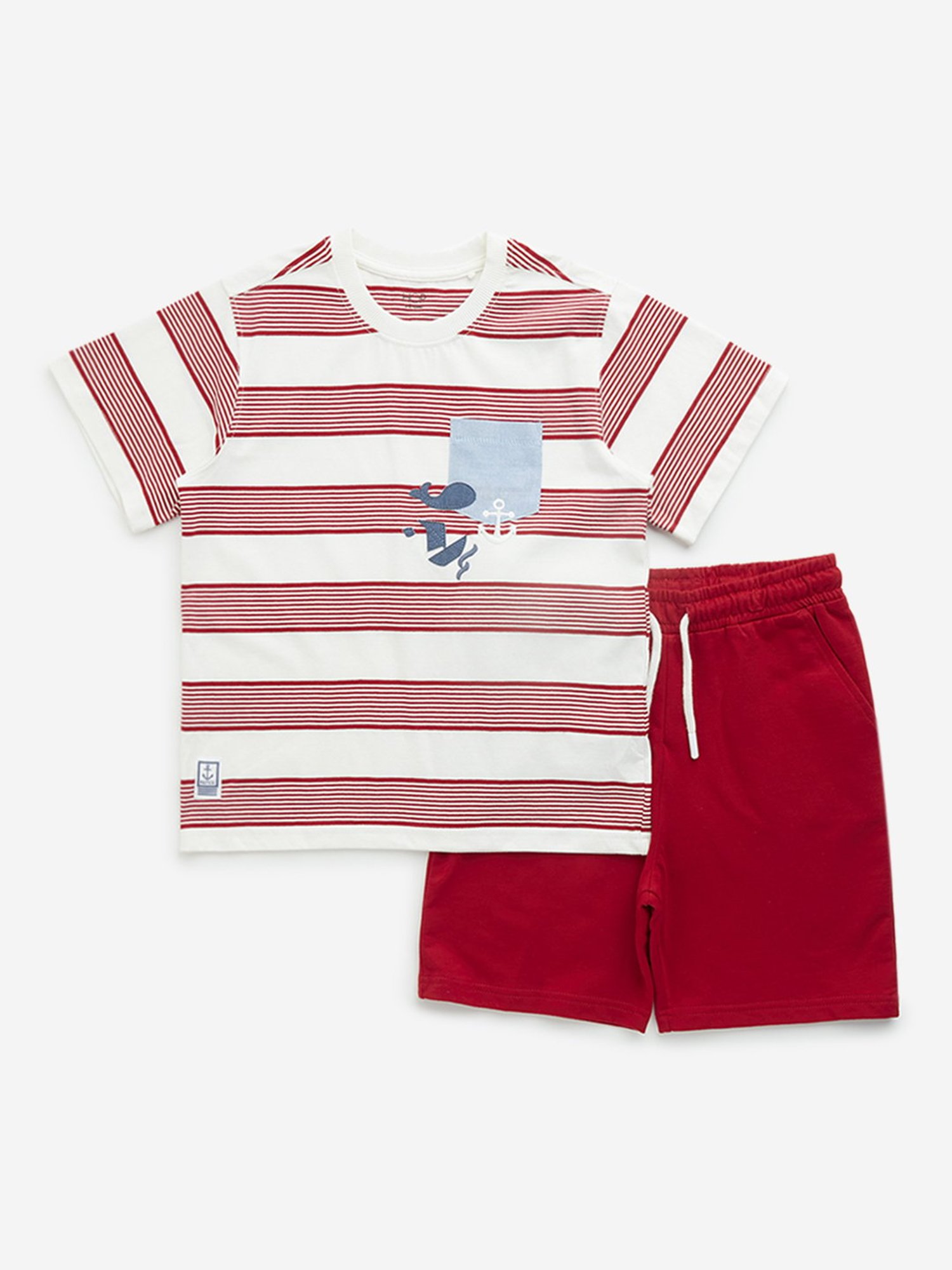 HOP Kids by Westside Red Striped T-Shirt with Mid-Rise Shorts Set