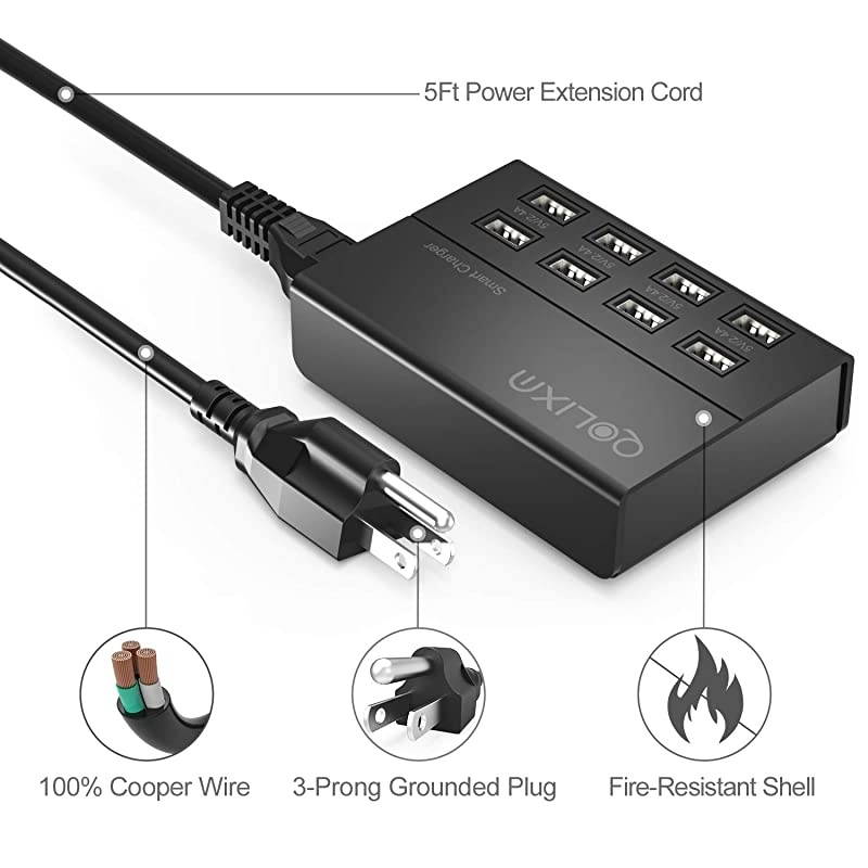 USB Charger,  8 Ports Charging Station (50W/10A) Multi Port USB Charger Hub Tablets & Multiple USB Devices