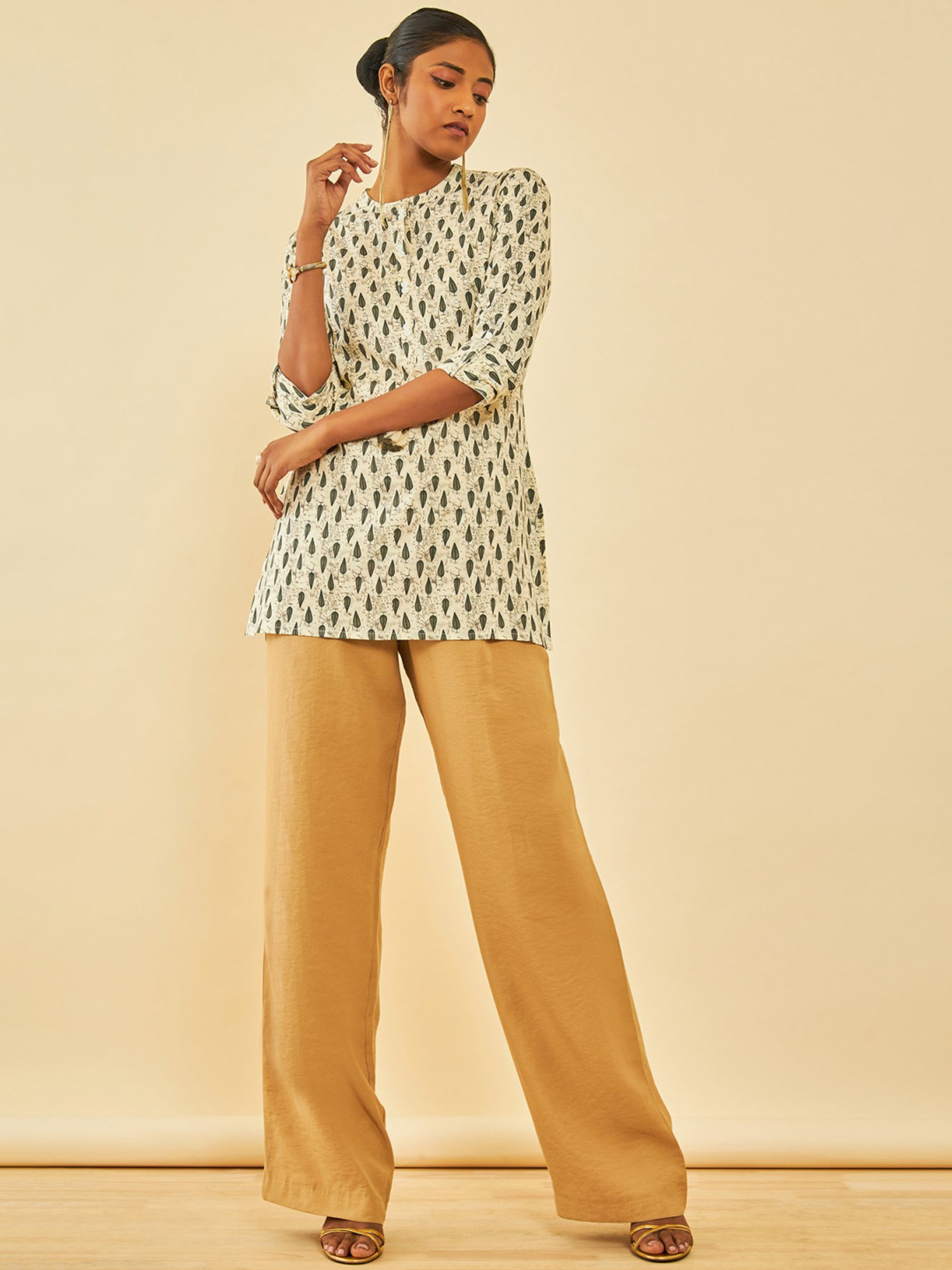 Soch Cream Rayon Botanical Printed Tunic With Tassels