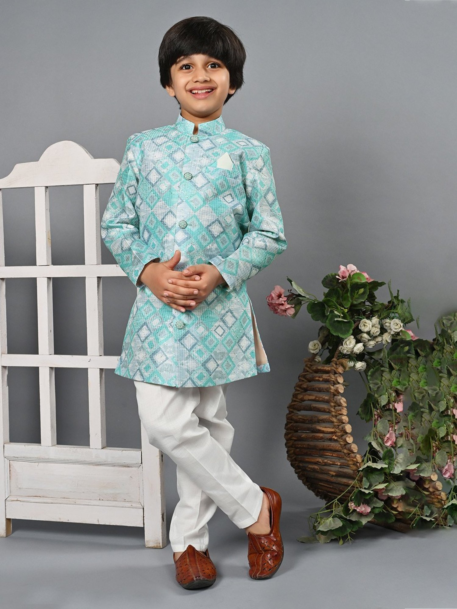 Ahhaaaa Kids Blue & White Embellished Full Sleeves Sherwani With Pyjamas