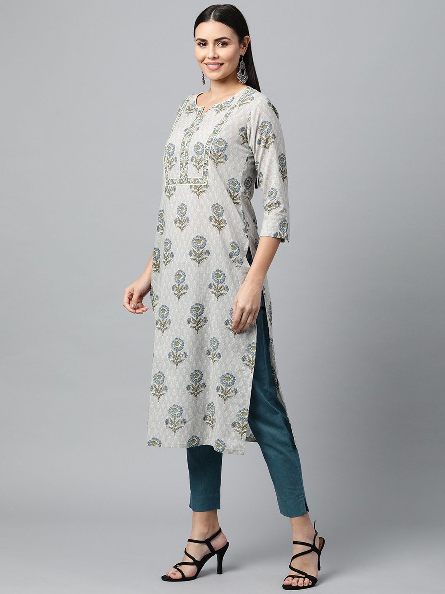 Kami Kubi Grey Floral Print Straight Kurta