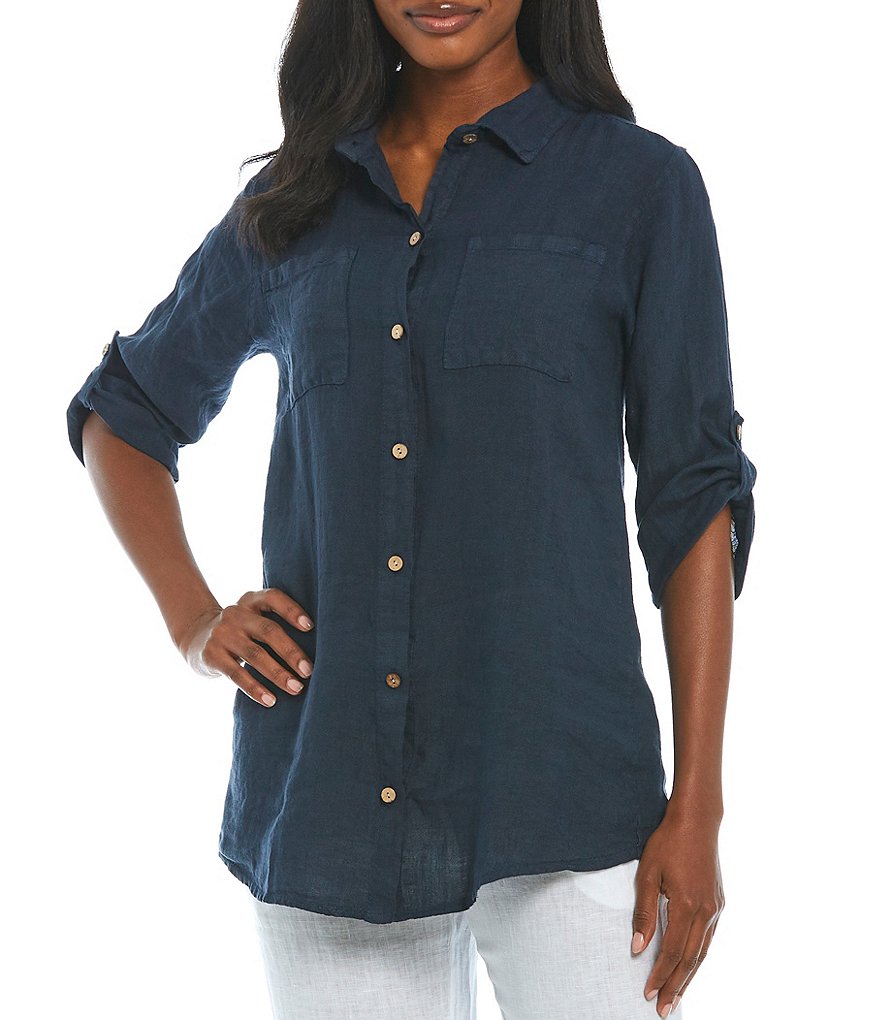 M Made In Italy Roll Tab Linen Button Front Blouse