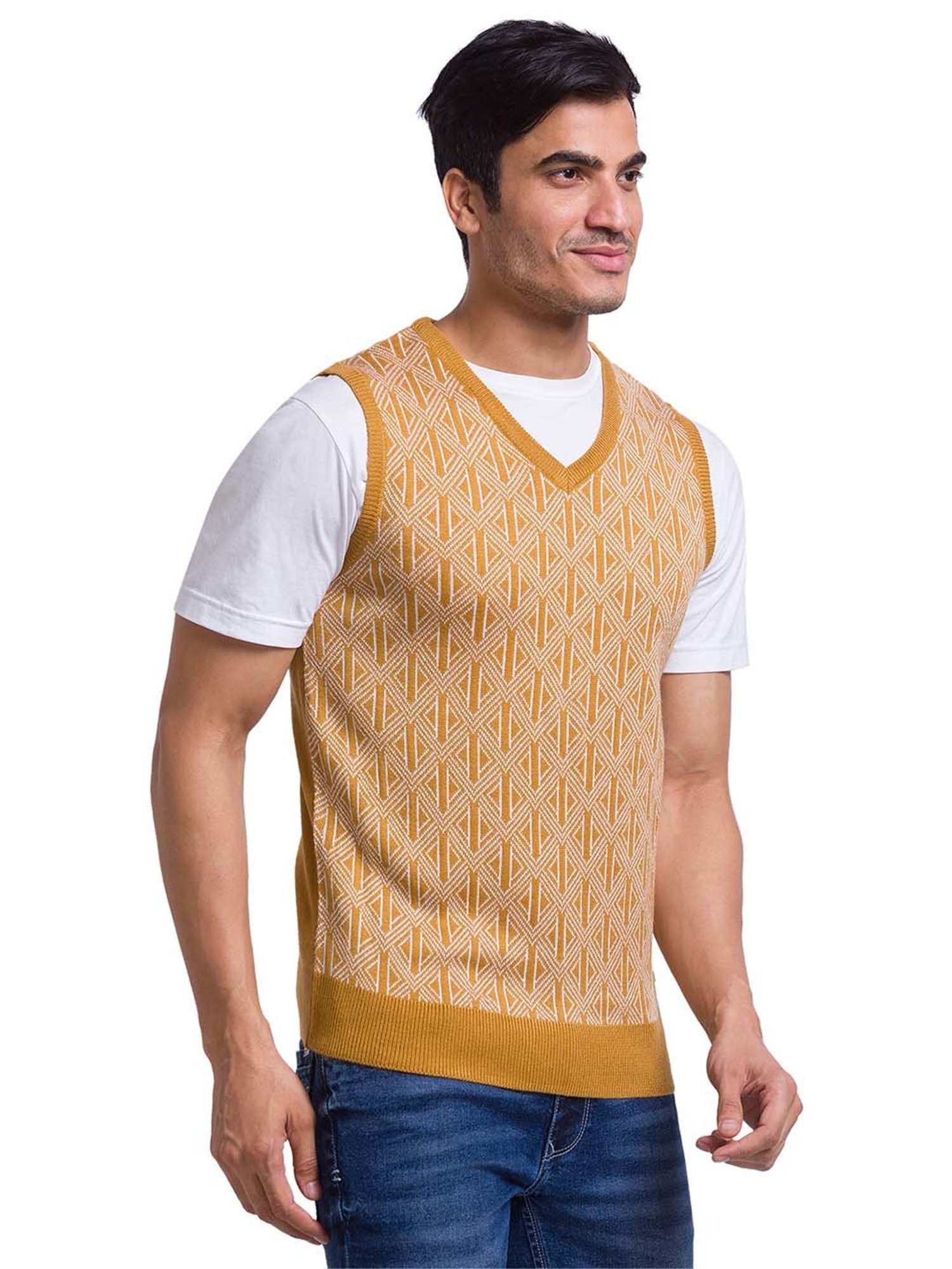 Parx Yellow Regular Fit Self Design Sweater