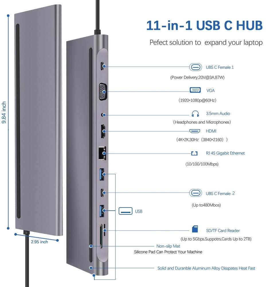 USB C Hub HDMI Ethernet Adapter 11 in 1 USB Type-C Hub to HDMI 4K VGA, Suitable for Samsung Dex Station, Universal Laptop Dock Hub with 87W PD Compatible with MacBook Pro / 2018 2017 / iPad/Air 2018