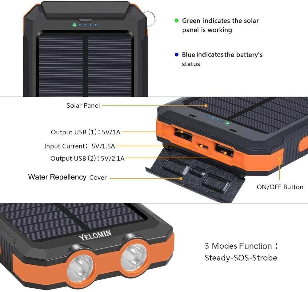 Solar ChargerYelomin 20000mAh Portable Outdoor Mobile Power BankCamping External Backup Battery Pack Dual USB 5V 1A/2A Outputs & Flashlight for All Cell PhonesTablets and Electronic Devices