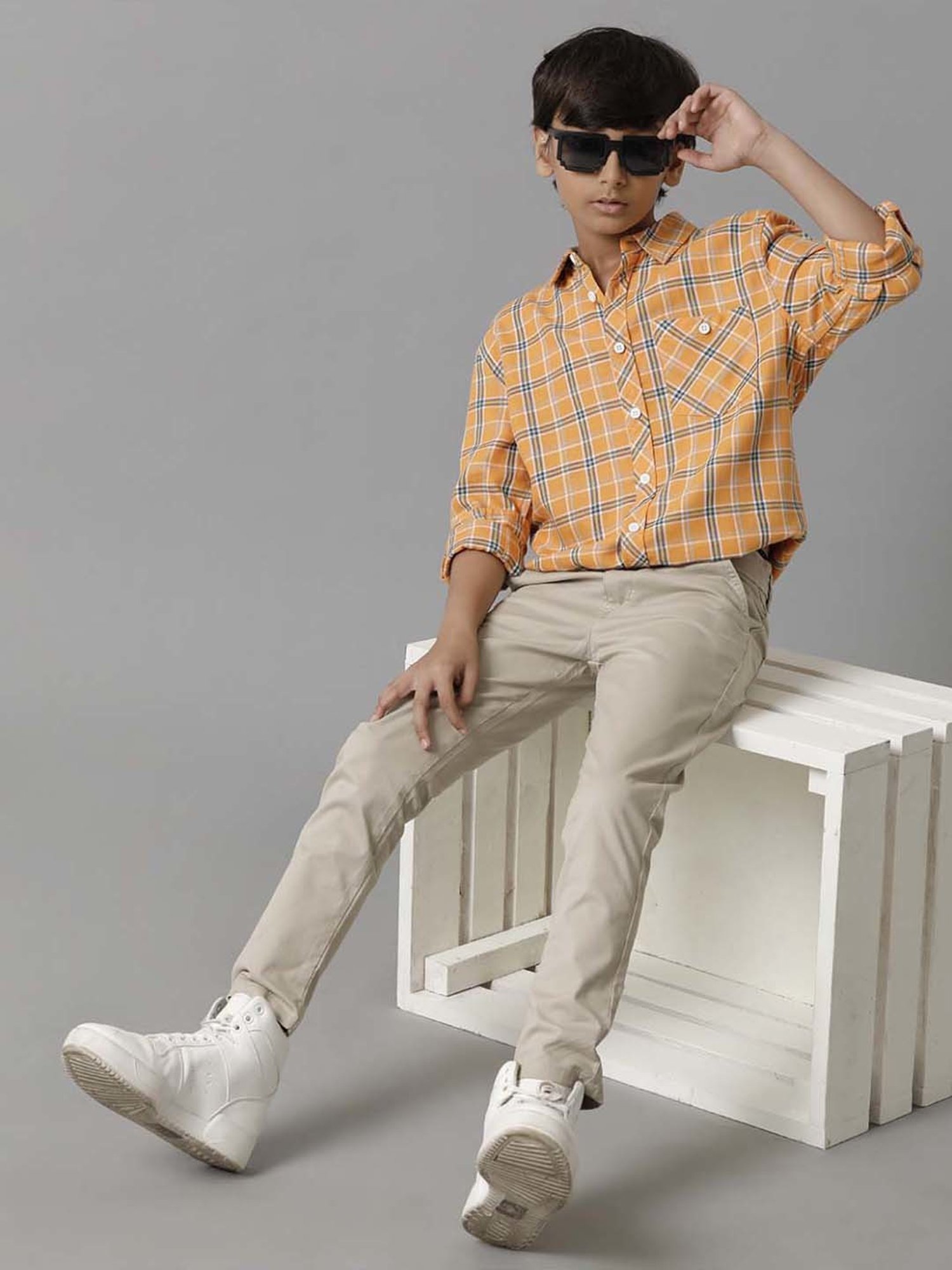 Under Fourteen Only Kids Orange & Blue Cotton Chequered Full Sleeves Shirt