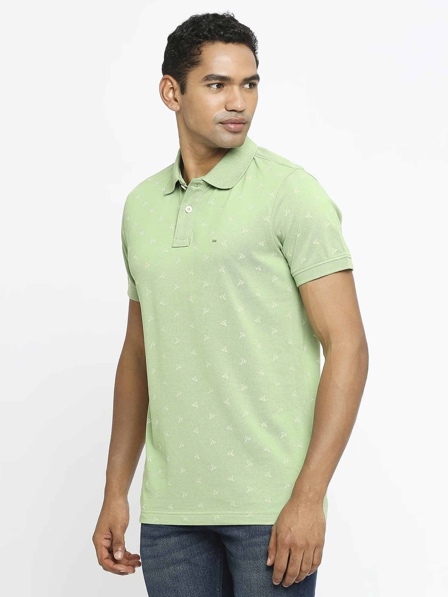 Basics Green Cotton Muscle Fit Printed Polo T-Shirt