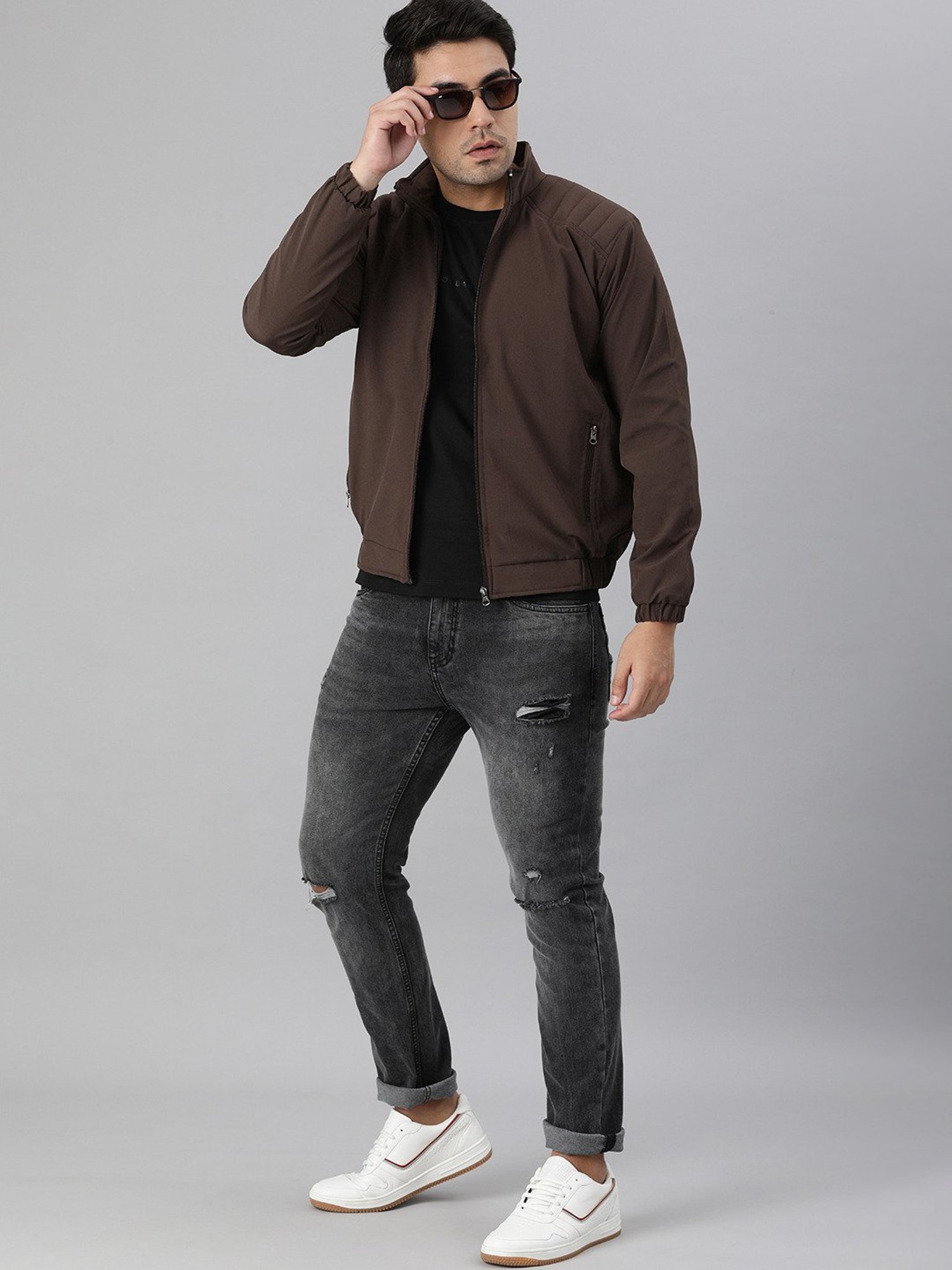 VOXATI Brown Full Sleeves Mandarin Collar Jacket