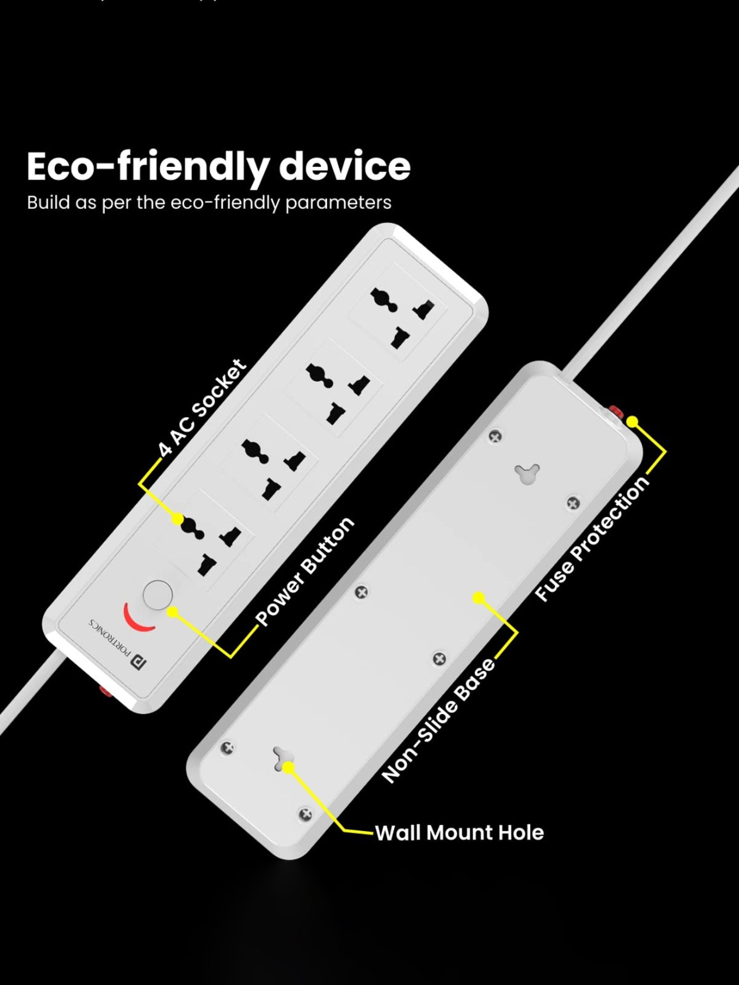 Portronics Power Plate 11 1500W Power Converter with 4 Power Sockets, 3M Cord Length (White)
