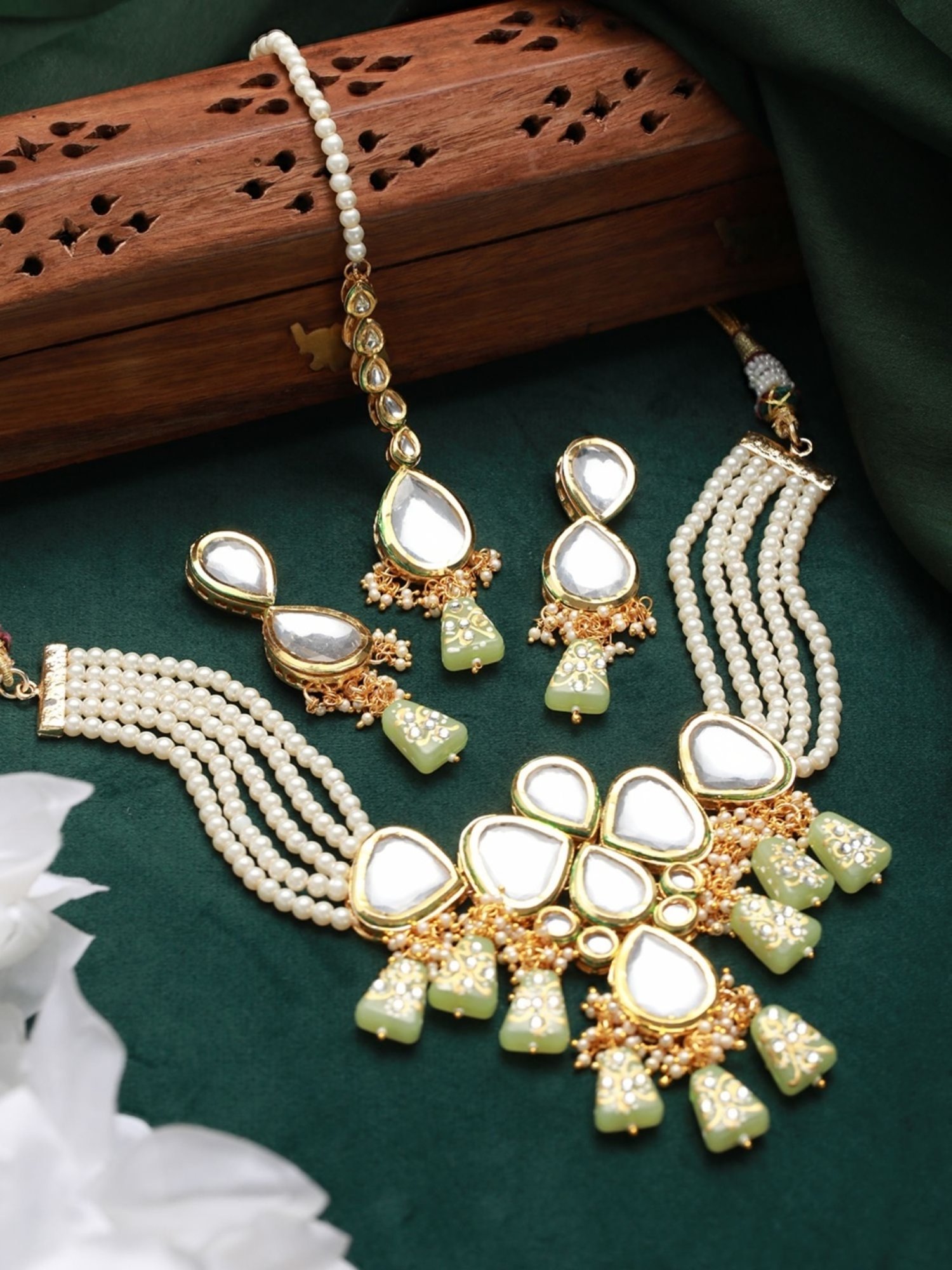 Aatmana Gold-Plated White & Green Choker Necklace Set with Maang Tikka