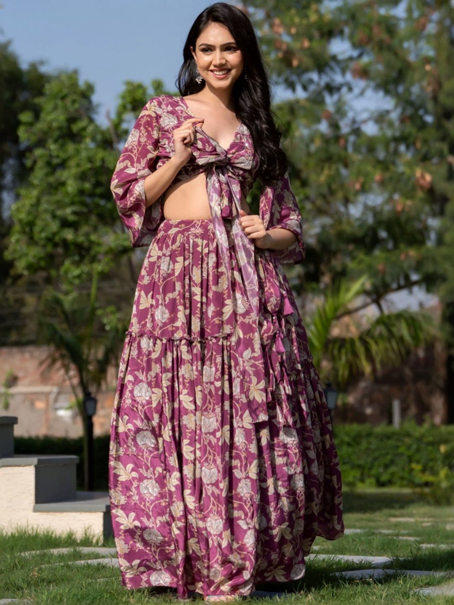 HOUSE OF JAMOTI Purple Printed Crop Top Skirt Set