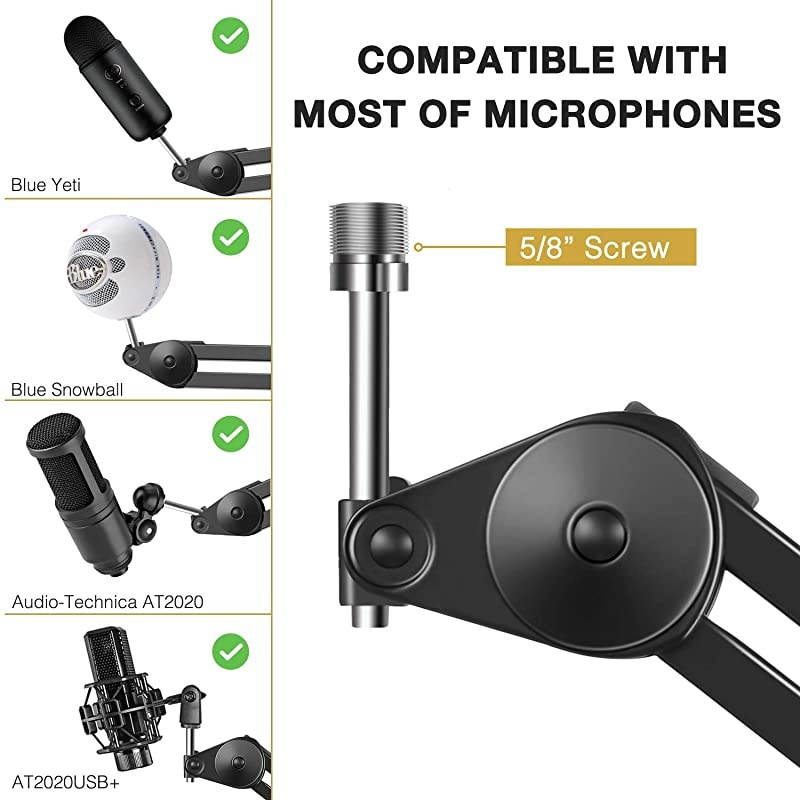 Microphone Arm Stand Heavy Duty Mic Arm Microphone Stand Suspension Scissor Boom Stands with Mic Clip and Cable Ties for Blue Yeti Snowball and Blue Yeti NanoMedium