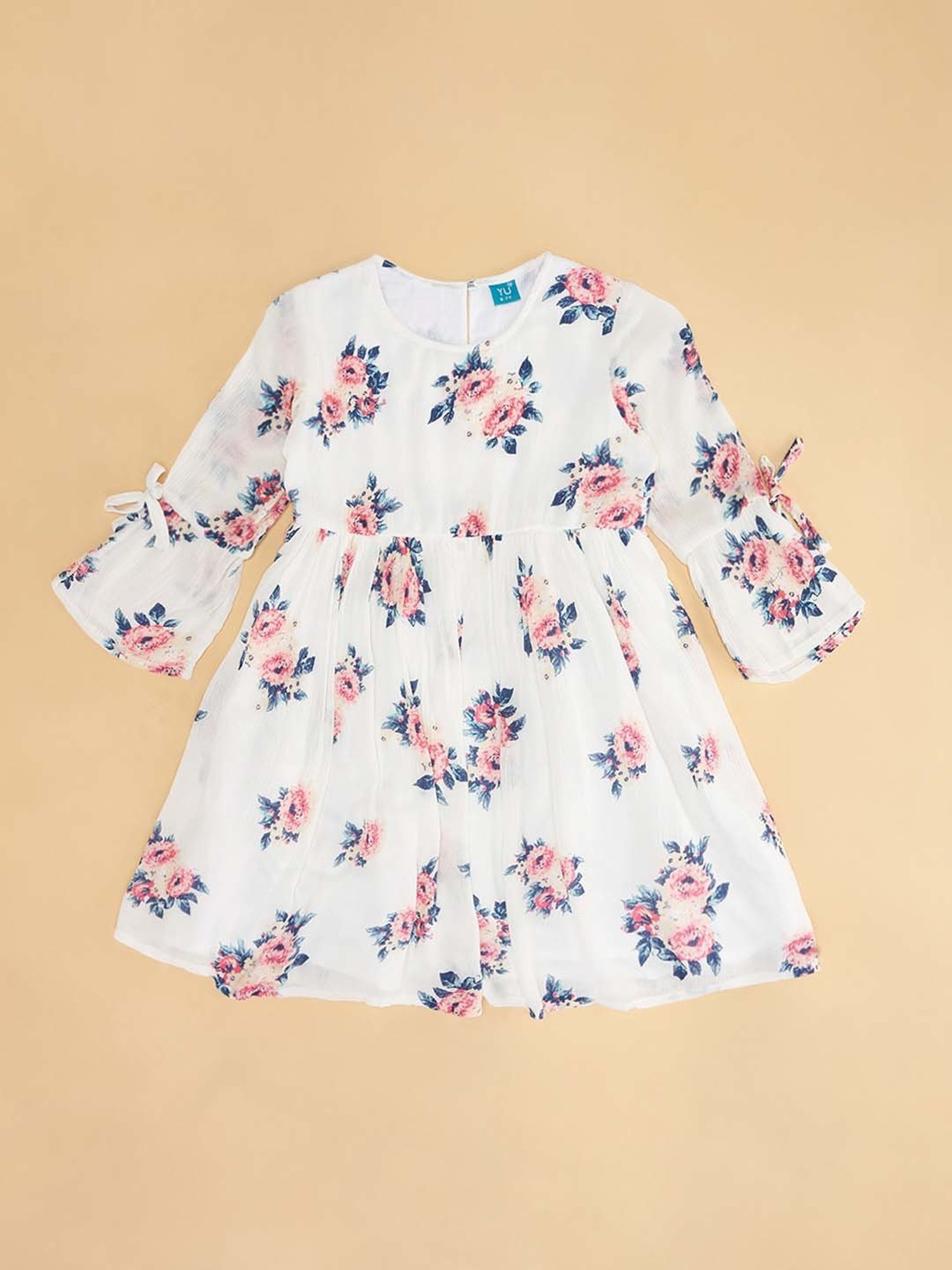 YU by Pantaloons Kids White & Peach Floral Print Dress