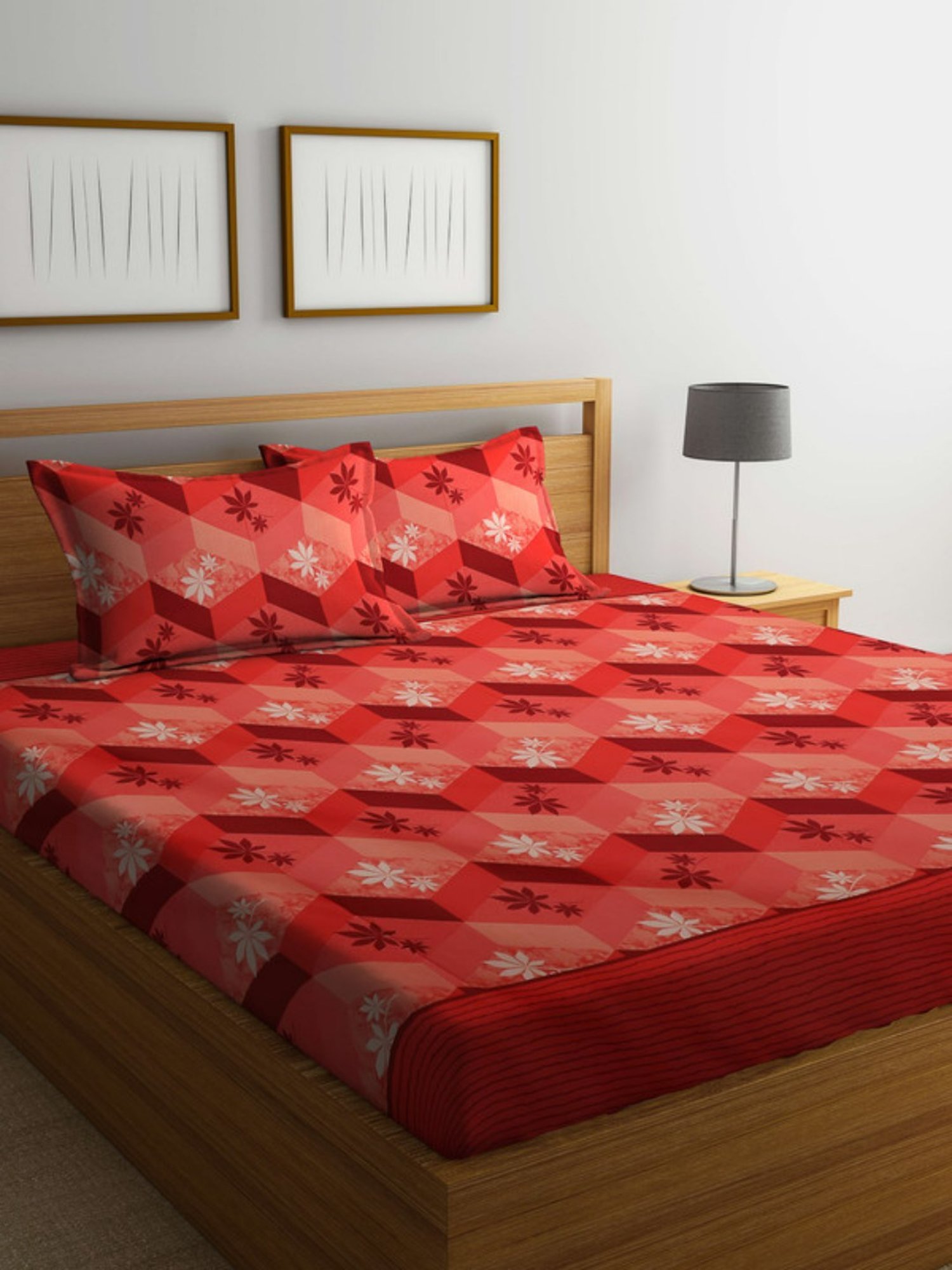 Dhrohar Printed Orange & Brown Cotton 180 TC Double Bedsheet with 2 Pillow covers