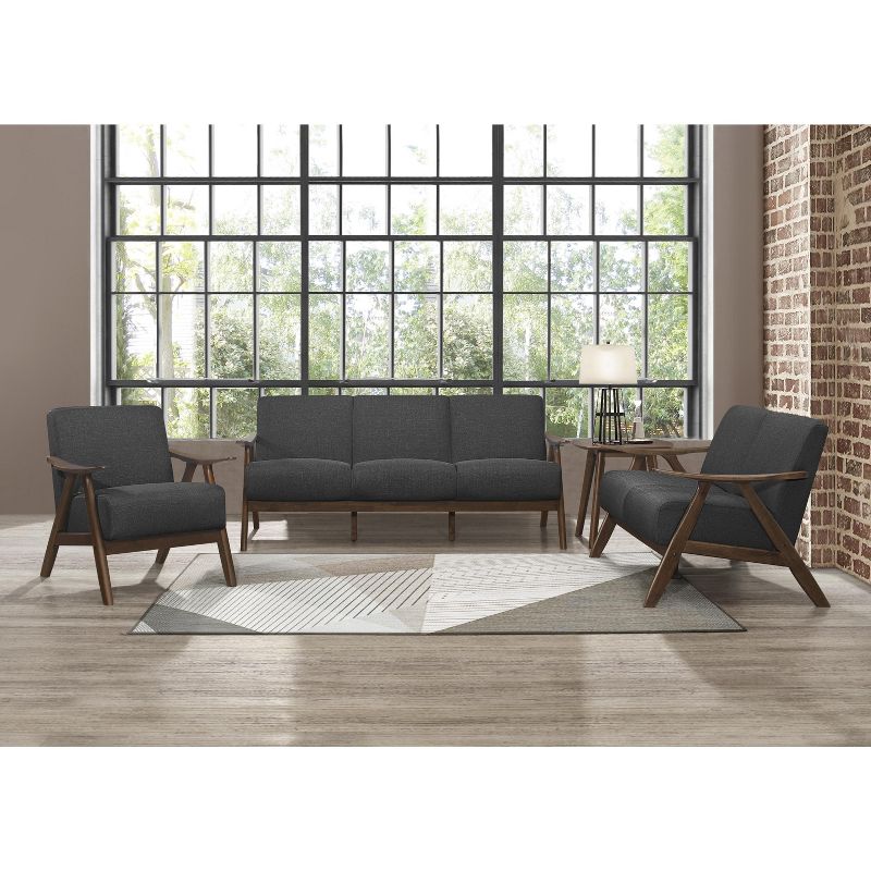 Lexicon 1138DG-3 Damala Collection Retro Inspired 3 Seat Living Room Sofa Couch, Polyester Fabric, Walnut Frame, Dark Gray