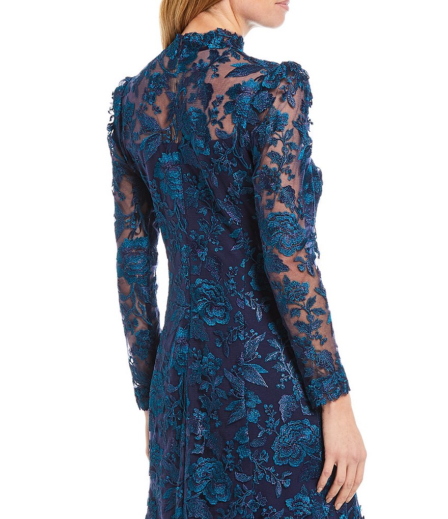 Tadashi Shoji Long Sleeve Mock Neck Handkerchief Hem Lace Dress