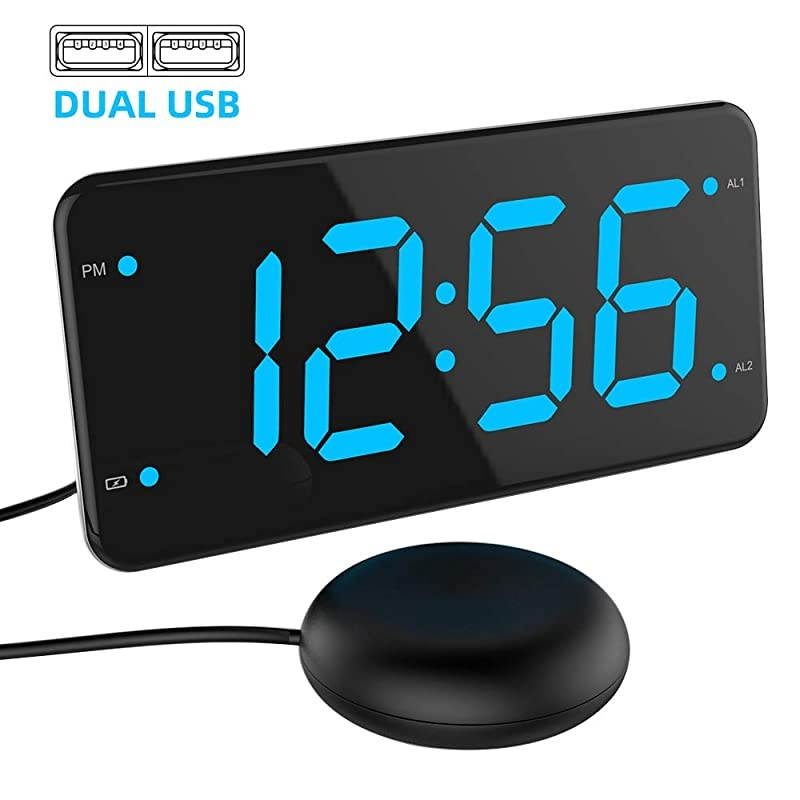 Loud Alarm Clock with Bed Shaker Vibrating Alarm Clock for Heavy Sleepers Deaf and Hard of Hearing Dual Alarm Clock with USB Charger 7Inch Display Full Range Dimmer Battery Backup Blue