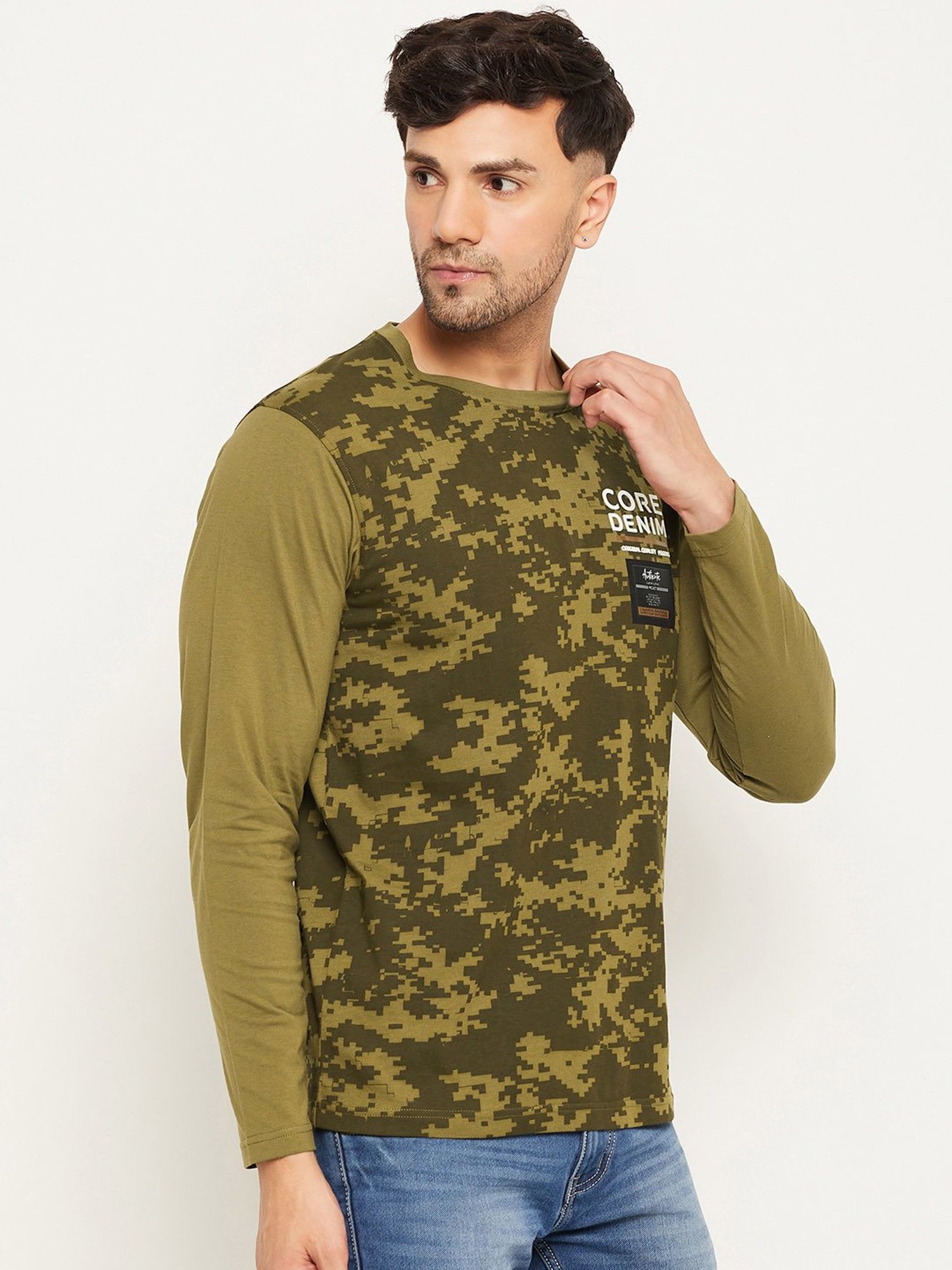 Club York Olive Regular Fit Printed Crew T-Shirt