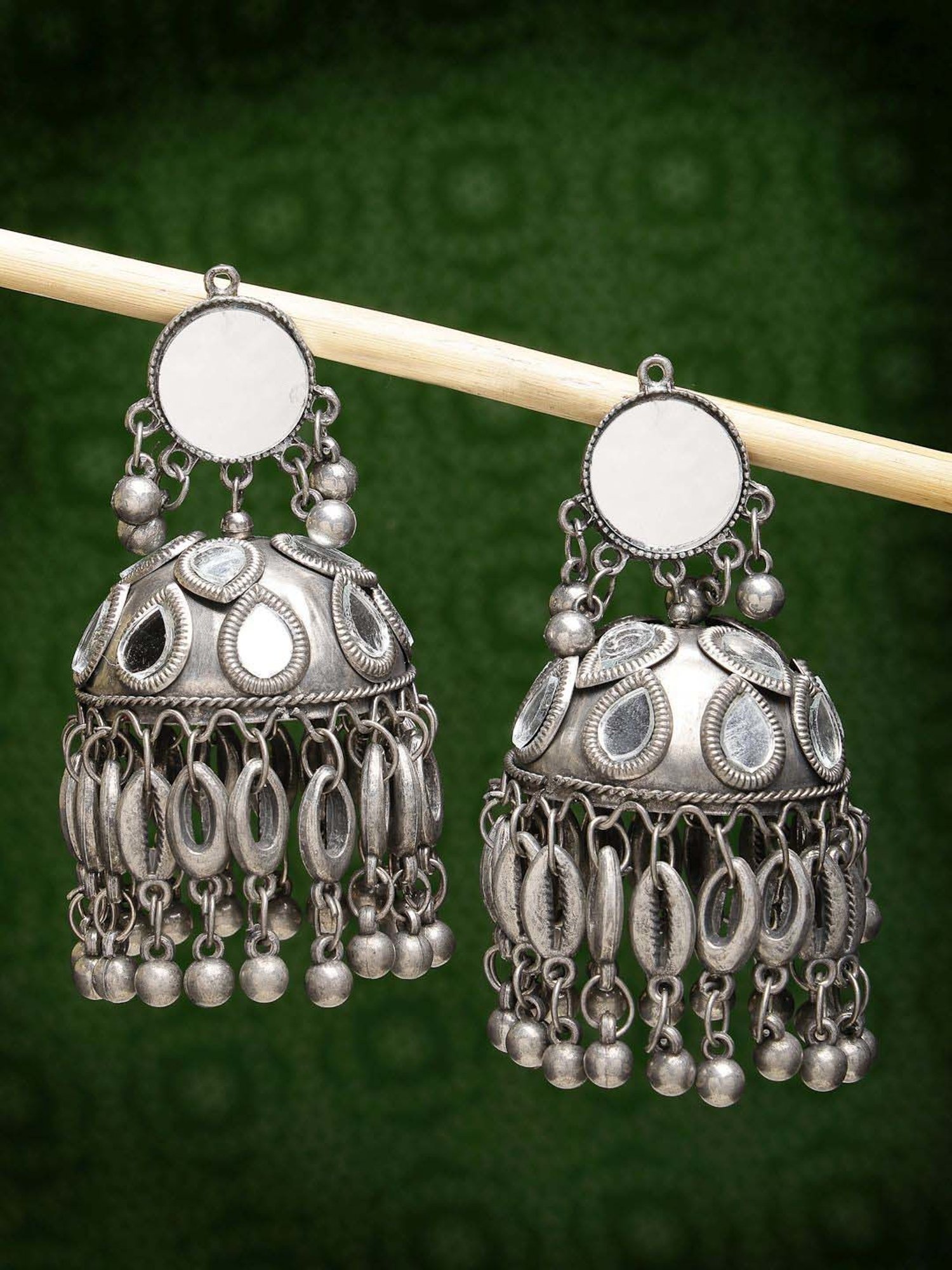 NVR Silver Plated Mirror Work Oxidized Contemporary Jhumki Earrings for Women