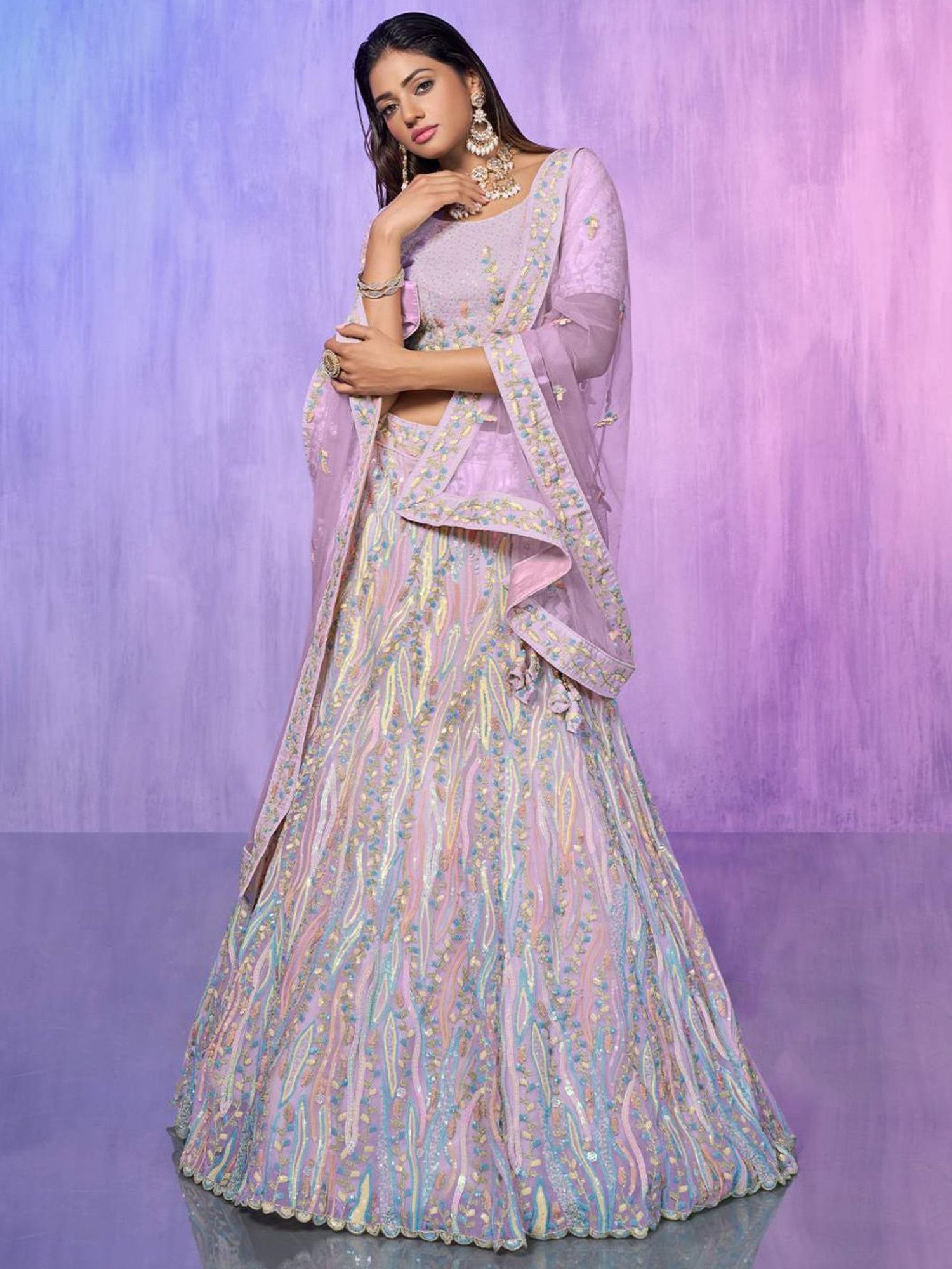 Odette Purple Embroidered Semi Stitched Lehenga Blouse Set With Dupatta