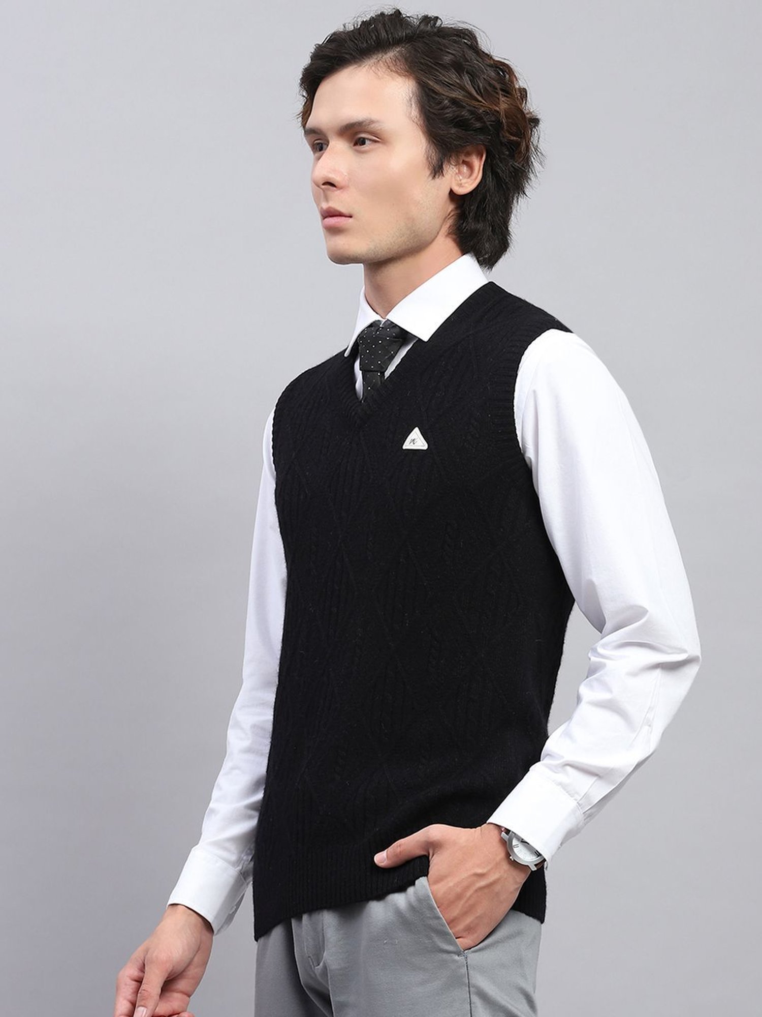 Monte Carlo Black Regular Fit Self Pattern Sweaters