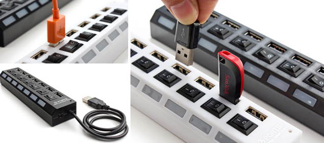 7 Ports LED USB 2.0 Adapter Hub Power on/off Switch - Black