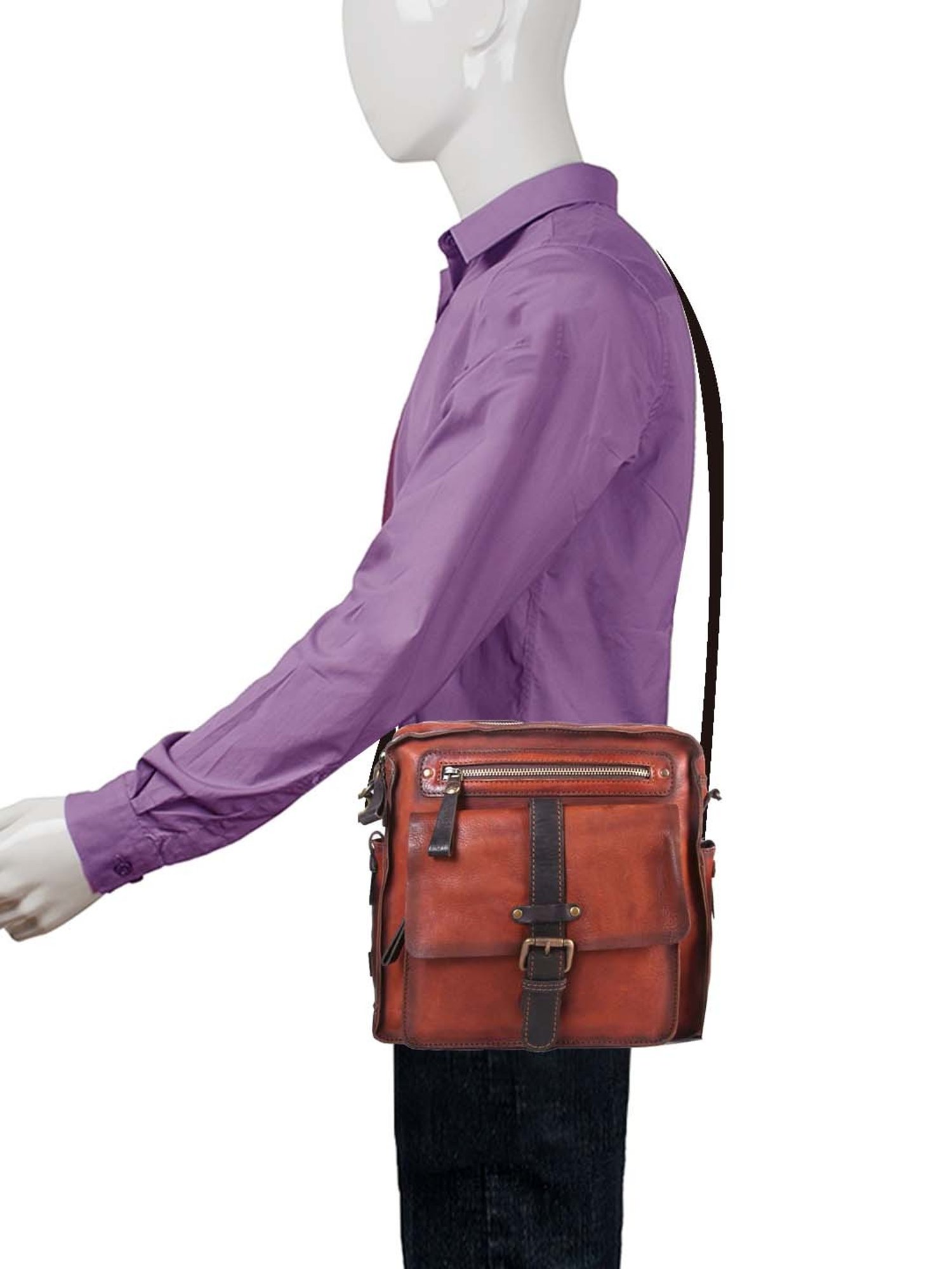 HiLEDER Brown Textured Small Leather 12 inch Cross Body Bag