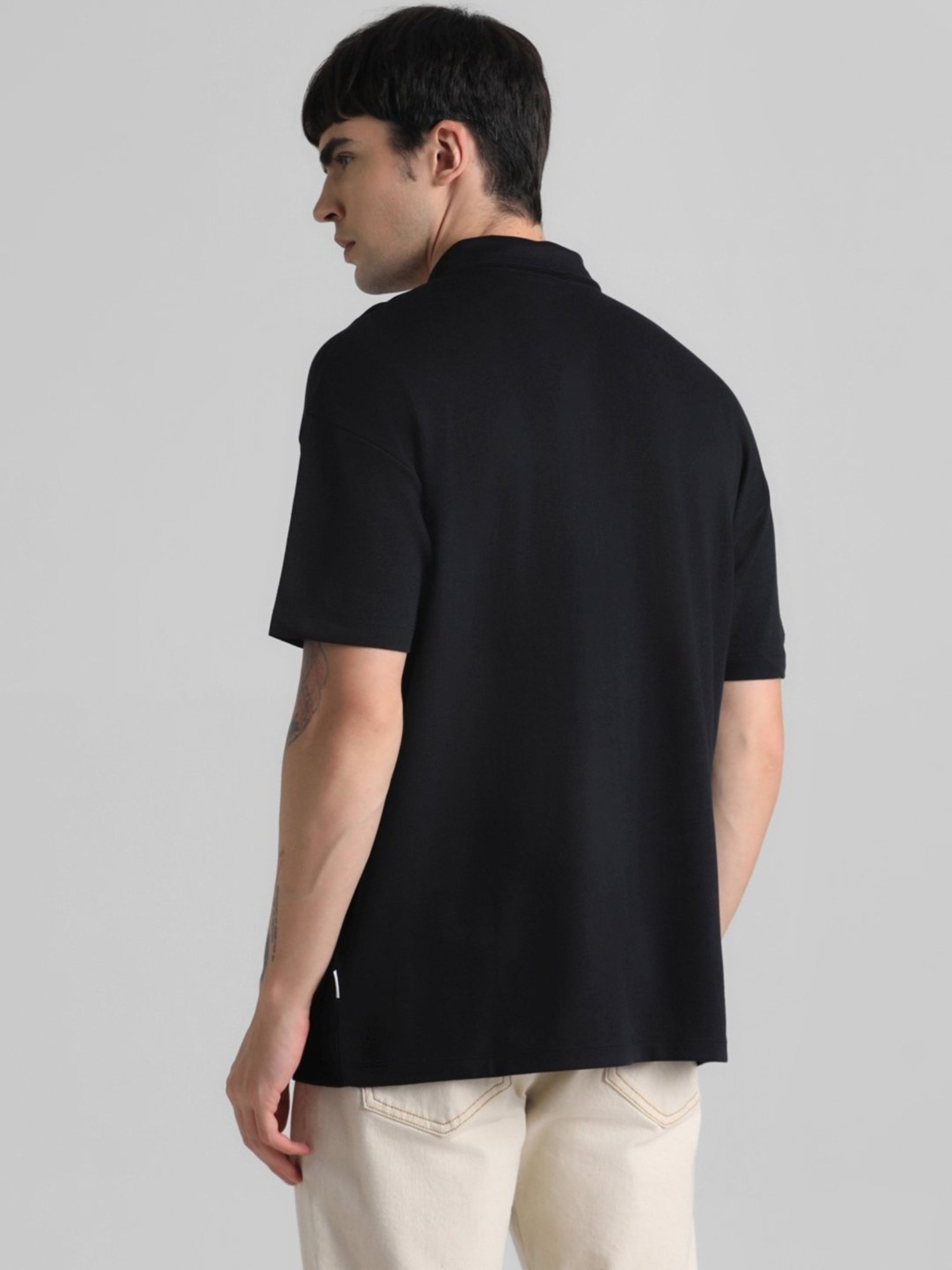Jack & Jones Jet Black Cotton Boxy Fit Polo T-Shirt
