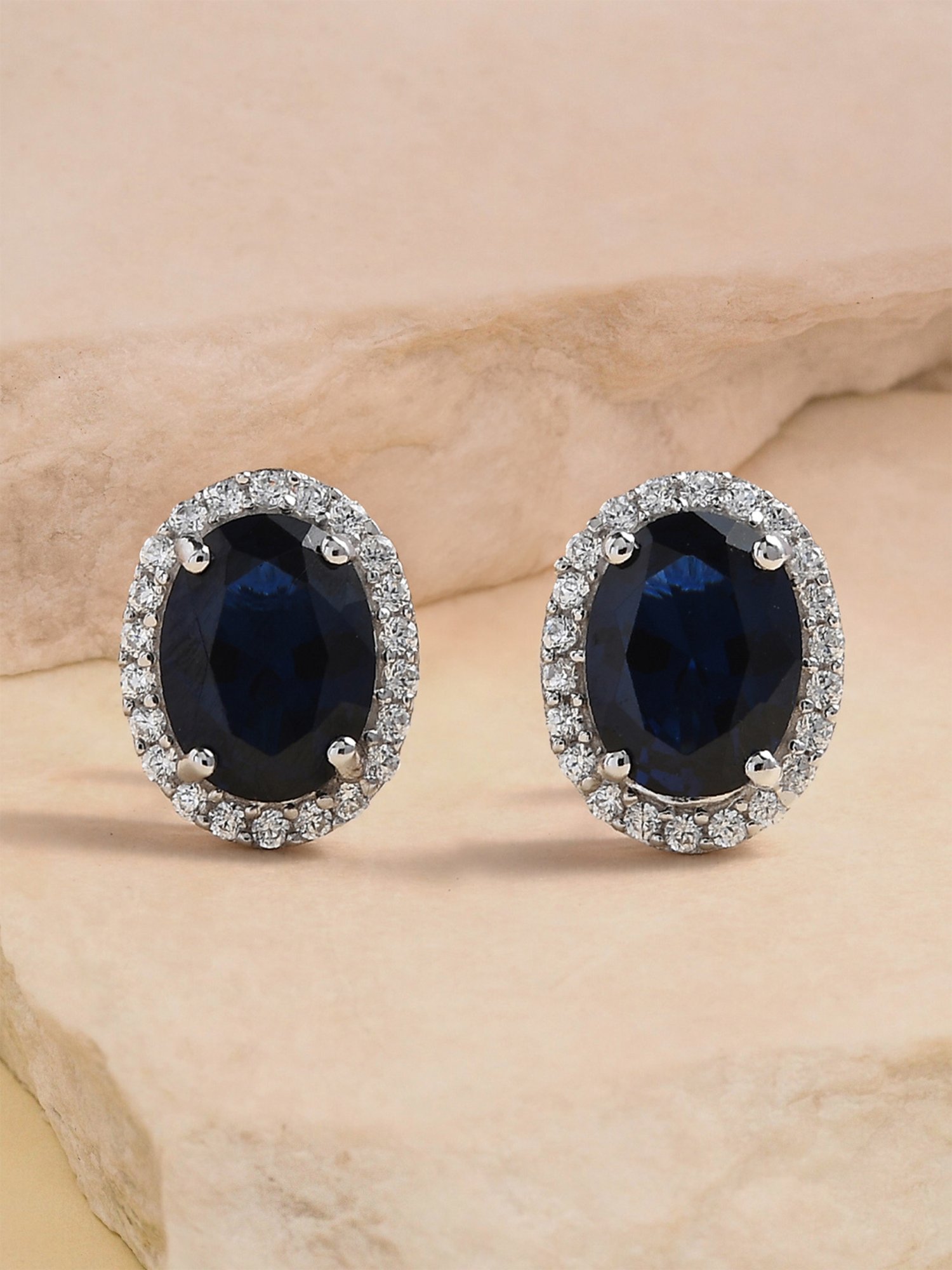 Ornate Jewels 925 Sterling Silver Blue Sapphire & American Diamond Stud Earrings for Women