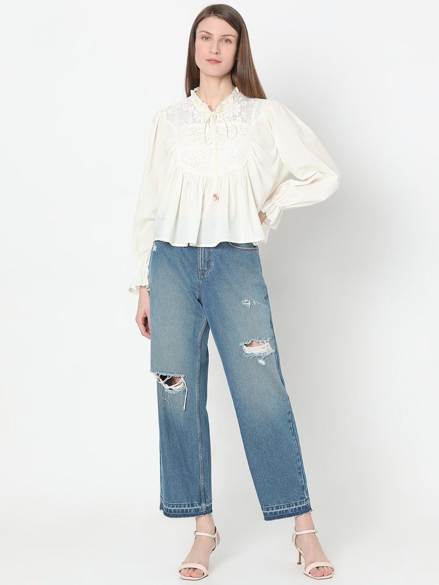 Vero Moda Off White Cotton Self Design Top