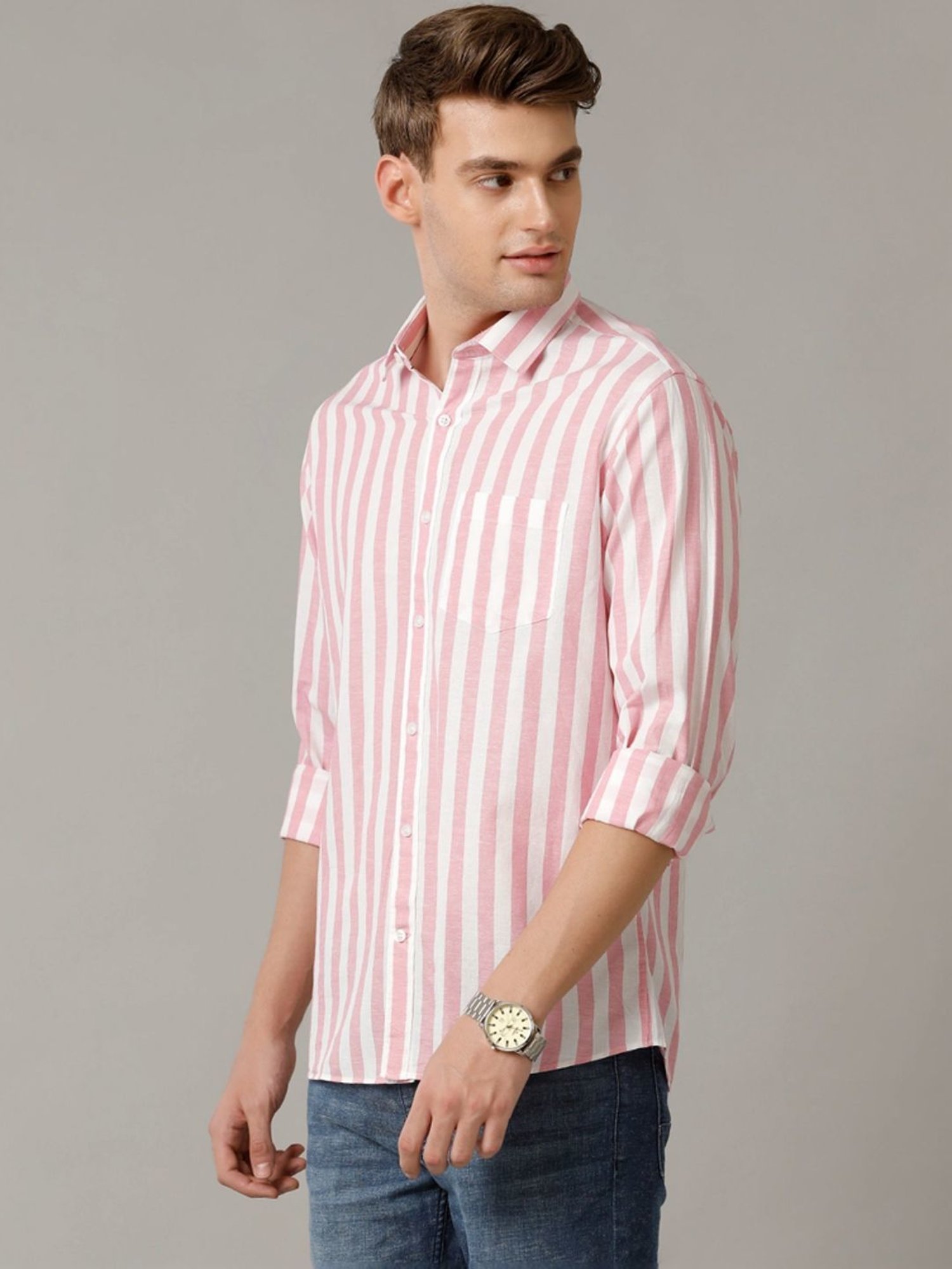 Cavallo By Linen Club Pink Linen Contemporary Fit Striped Shirt