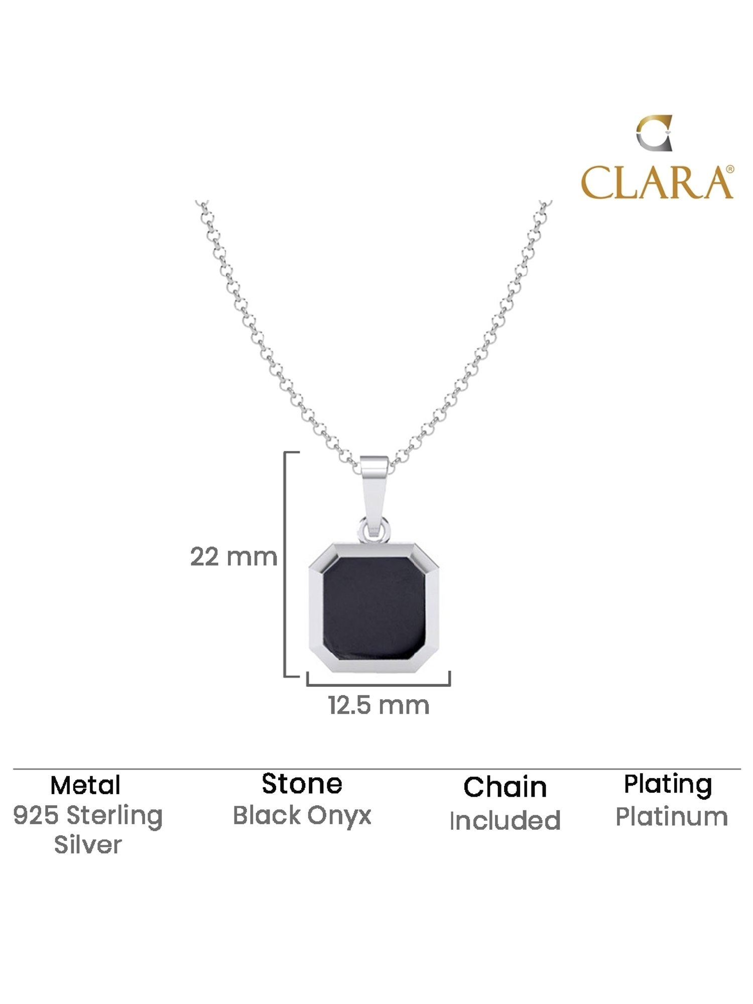 Clara 925 Silver Platinum Plated Swiss Zircon Black Onyx Pendant with Chain